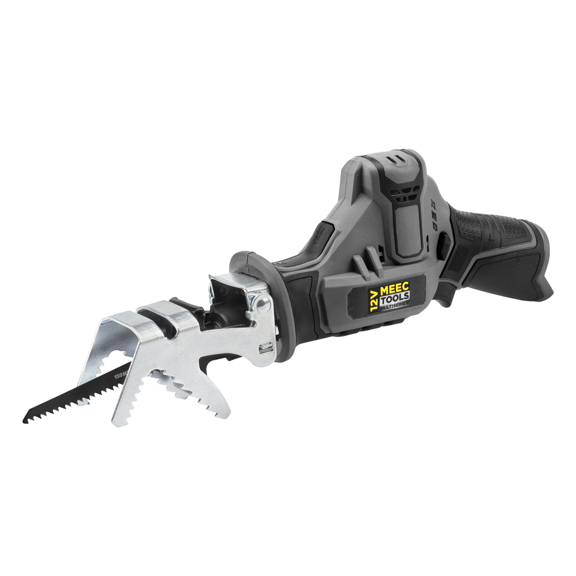 En kompakt, svart og grå batteriløs bajonet sag med ergonomisk håndtak, utstyrt med et taggete blad og en griper på tuppen. Den tilhører Meec Tools Multiseries 12 V-serien og har en gul MEEC Tools-logo på karosseriet.
