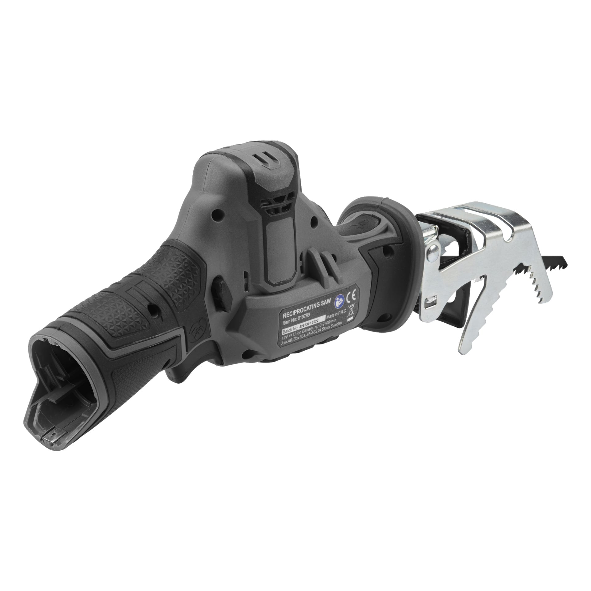En Meec Tools Multiseries 12 V batteridrevet kompakt stempelsag med svart ergonomisk håndtak og metallklemme.