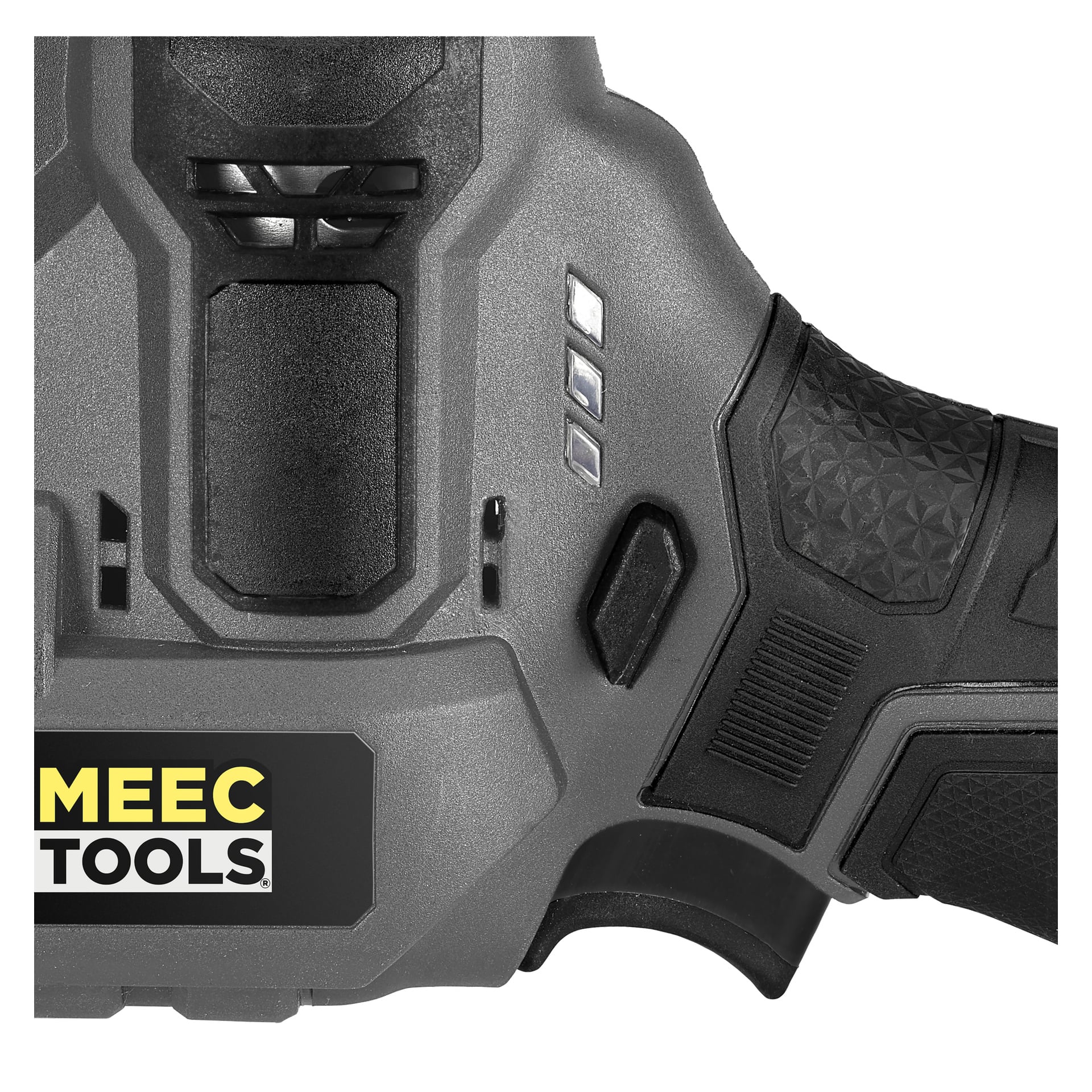 Nærbilde av et Meec Tools Multiseries 12 V kompakt trådløst stempelsaghåndtak, som viser det svarte og grå teksturerte grepet, tre små indikatorlys, en svart bryter og en gul MEEC TOOLS-logo nederst til venstre.