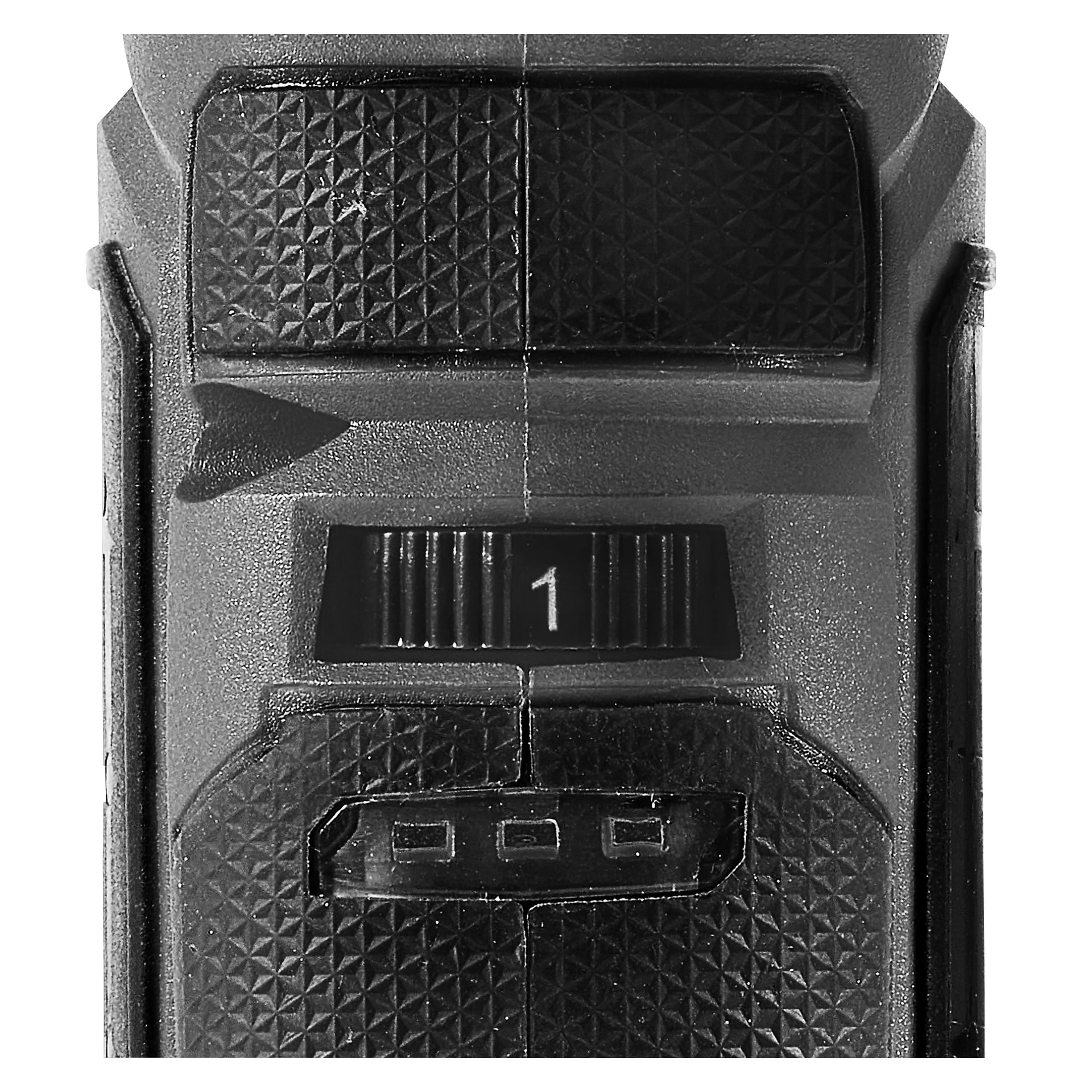 Närbild på Meec Tools Multiseries 12 V Compact-vinkelslipmaskinen, som visar dess texturerade svarta plasthölje, en synlig reglage på 1 och flera små rektangulära knappar placerade under.