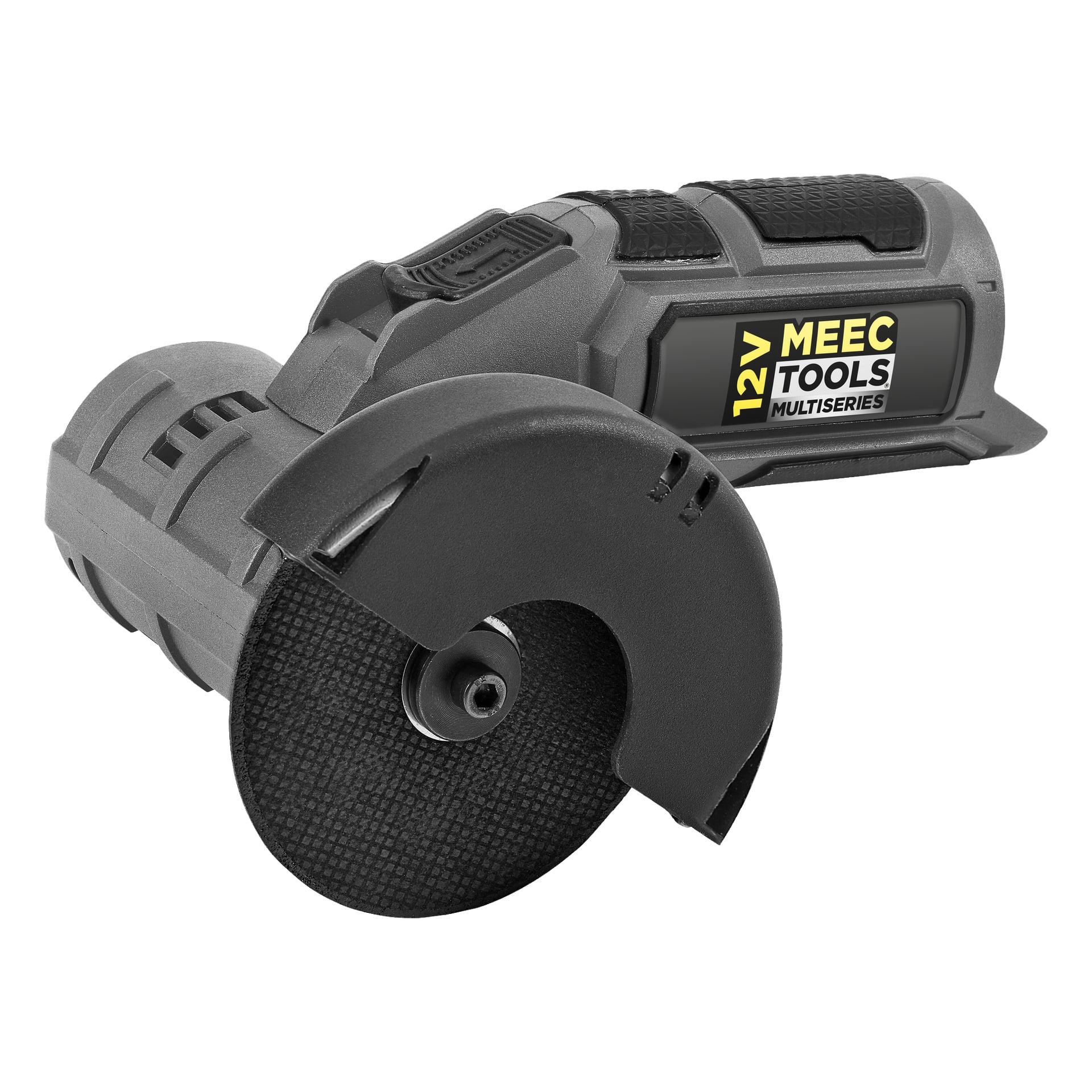 En grå Meec Tools Multiseries 12 V kompakt vinkelslipmaskin med svart skärskiva är placerad åt vänster.