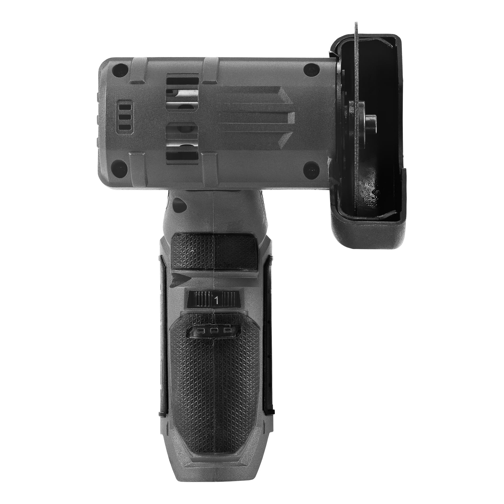 Toppvy av Meec Tools Multiseries 12 V Compact-vinkelslipmaskinen, som visar dess texturerade grepphandtag, kontrollknappar och platsen där en skär- eller slipskiva fästs.