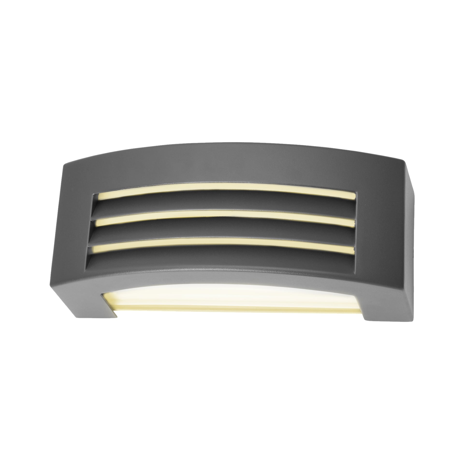 En rektangulär utomhusvägglampa med böjd topp, horisontella ribbor och en mörkgrå färg. Ljuset lyser ut genom ribborna och från den nedre kanten.