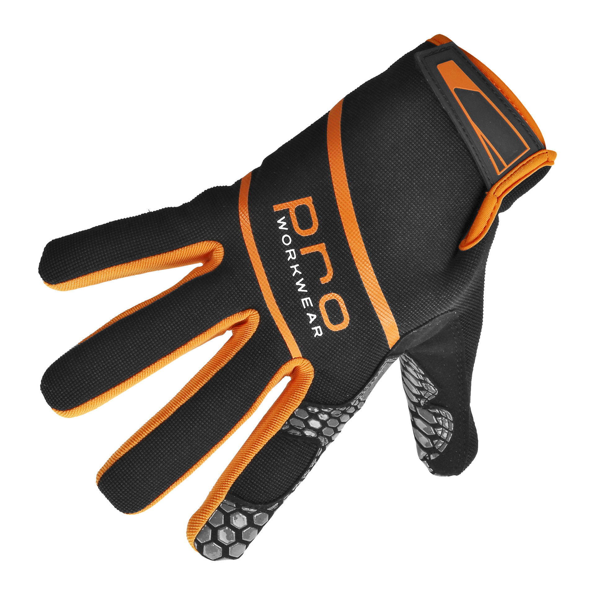 Ein Bluewear Pro Workwear Assembly Gloves Premium in Schwarz und Orange, gestaltet mit verstärkten Fingerspitzen, einer strukturierten Handfläche für besseren Griff und einem verstellbaren Gurt am Handgelenk. Der Handschuh wird mit der Handfläche nach oben gezeigt.