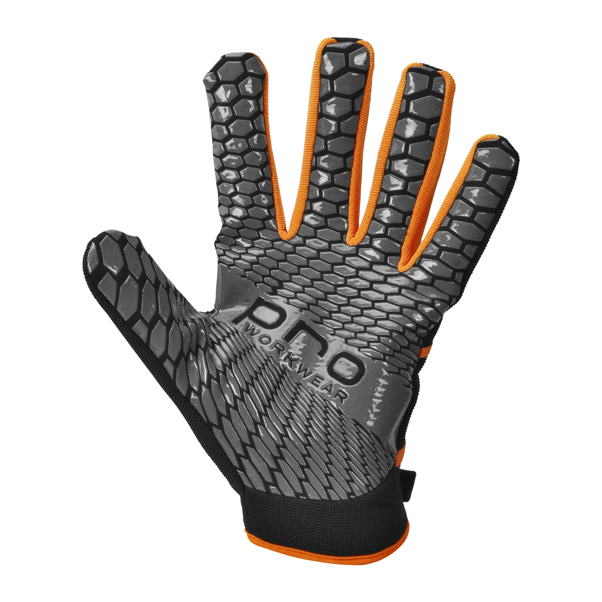 Ein Paar schwarze und orangefarbene Bluewear Pro Workwear Assembly Handschuhe, die einen sechseckigen Griff über Handfläche und Finger zeigen, die Worte "PRO WORKWEAR" sichtbar auf der Handfläche und mit einem Velcro-Riemen am Handgelenk befestigt sind.