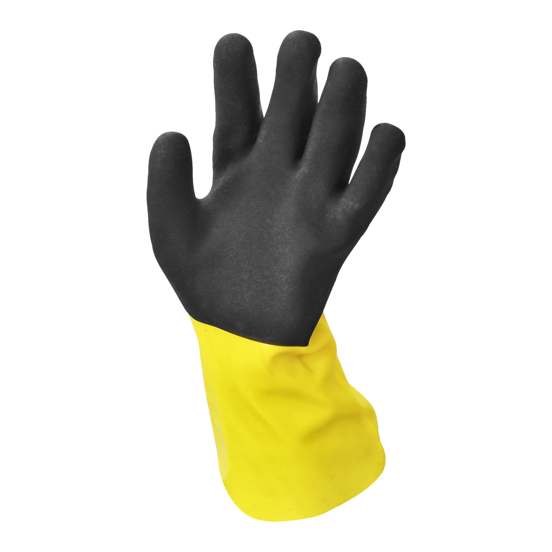 En enkelt Bluewear Work-hanske, med svart hånddel og gul mansjett, står oppreist med fingrene litt fra hverandre.