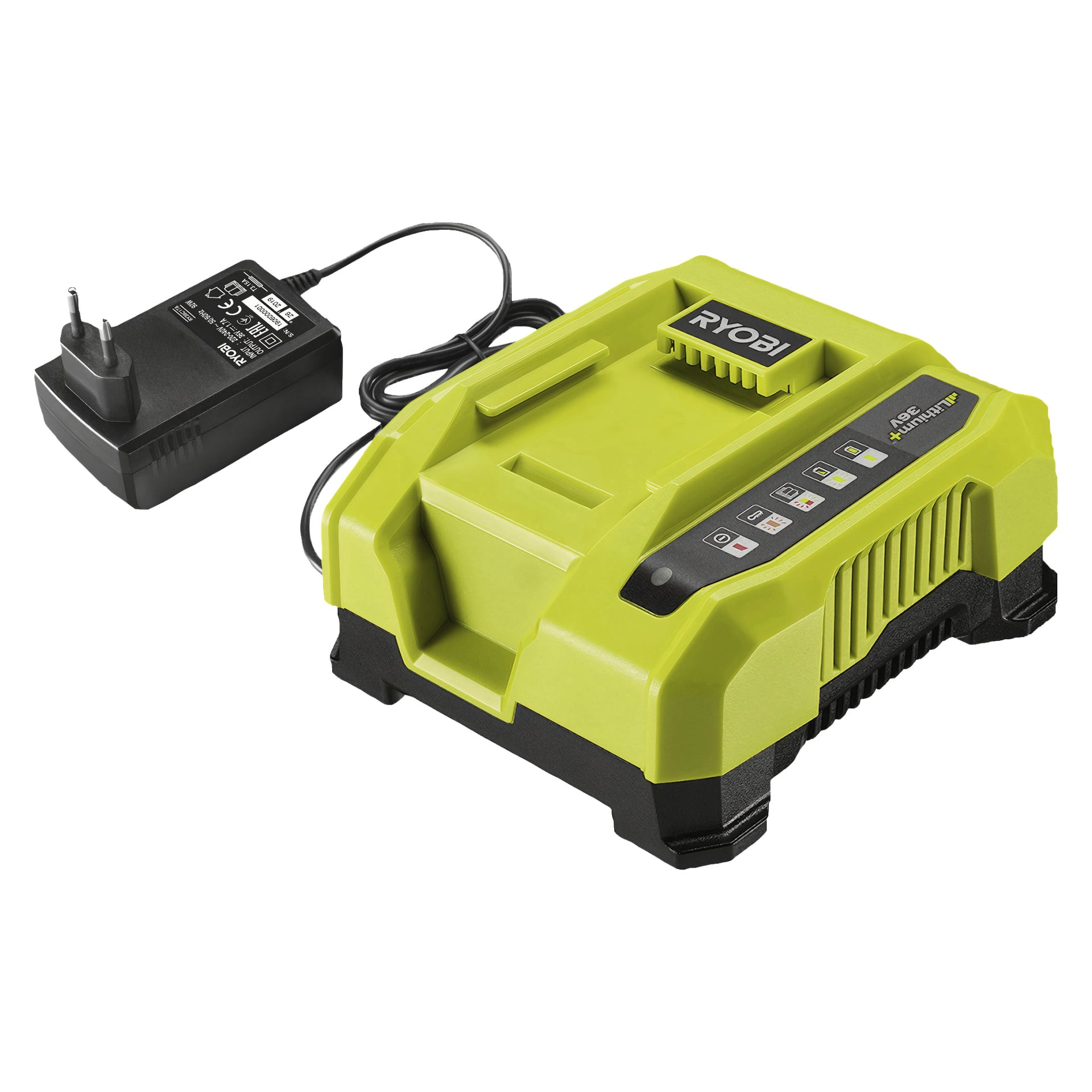 En Ryobi Max Power Battery-lader RY36C60A i grønt og svart med strømadapteren koblet til. Laderen på topppanelet viser knapper og indikatorlys, og strømkabelen ligger sammenrullet ved siden av.