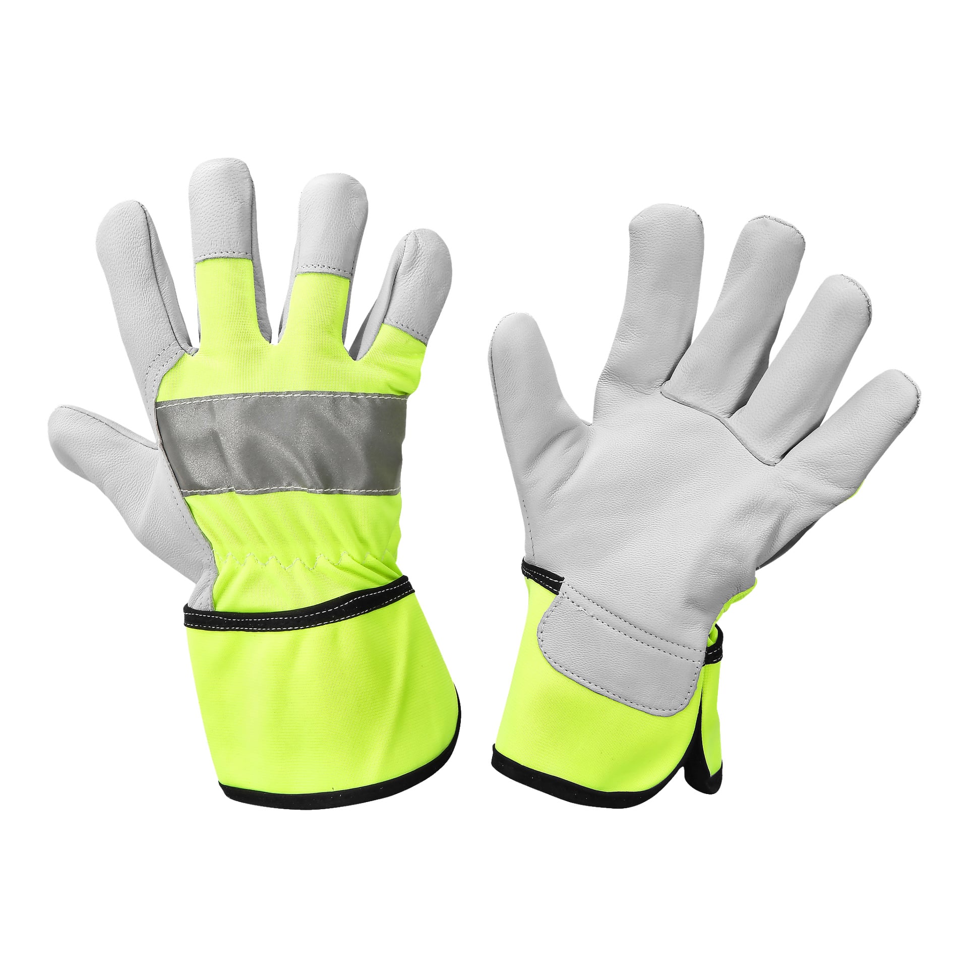 Två Bluewear-arbetshandskar med grått läder som täcker handflator och fingertoppar, ett reflekterande band på ryggen och livfullt gulgrönt material på manschetter och ryggar.