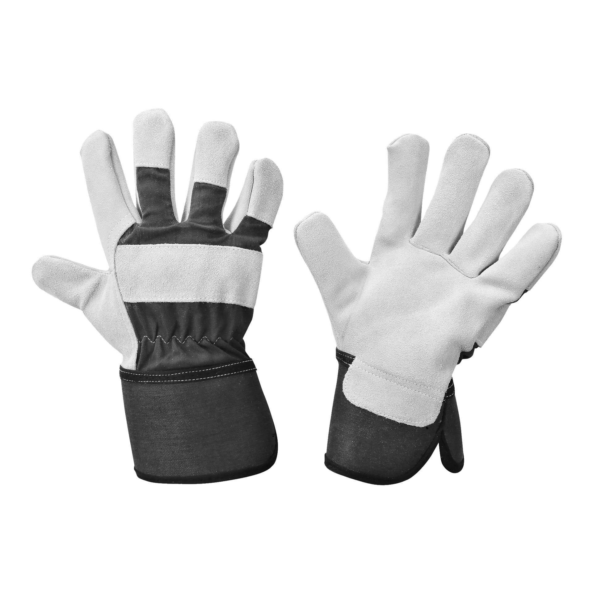 Ein Paar Bluewear-Arbeitshandschuhe aus hellgrauem Leder und schwarzem Stoff wird gezeigt, wobei ein Handschuh nach oben zeigt, um die Handfläche zu zeigen, und der andere nach unten.