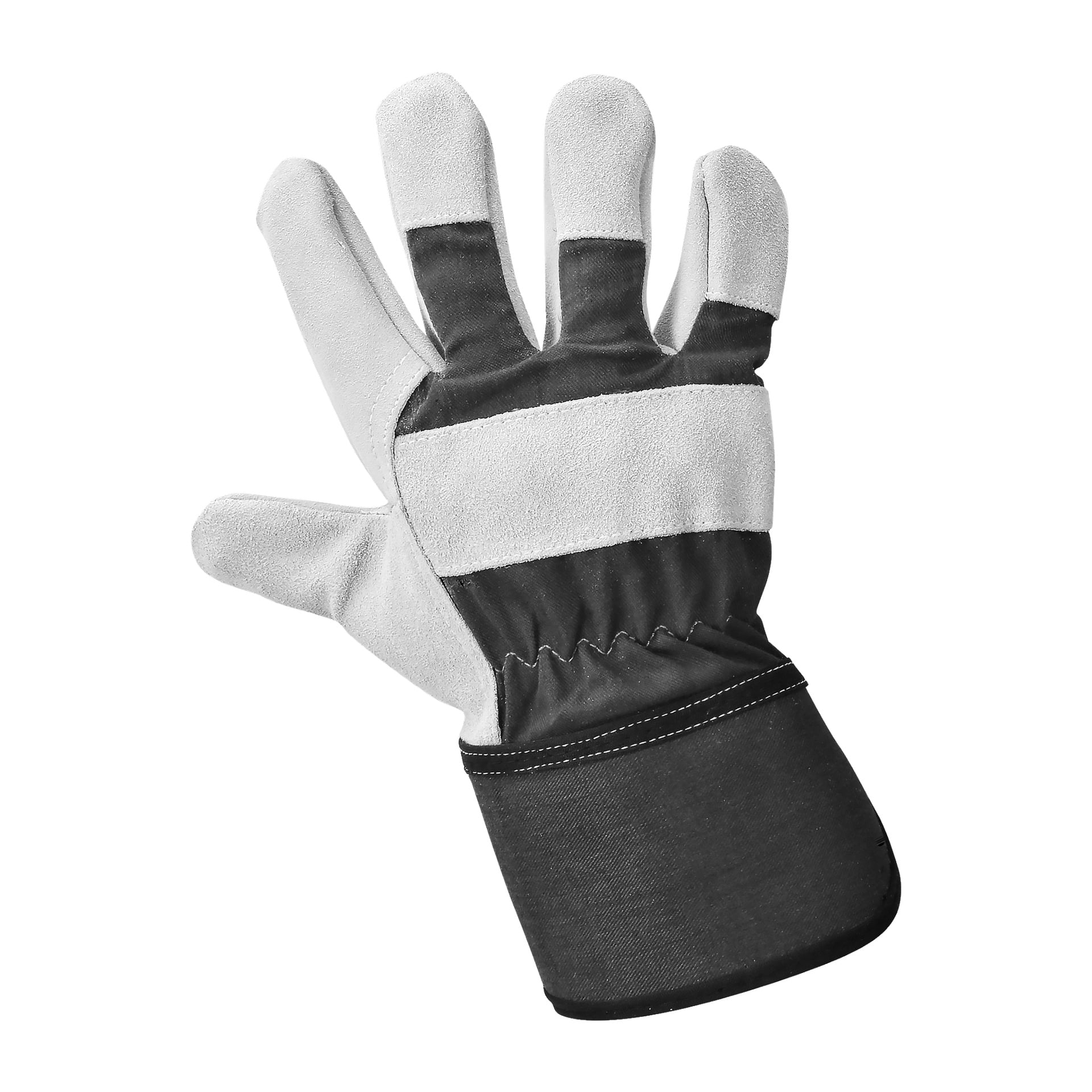 Ein Bluewear-Arbeitshandschuh liegt mit der Handfläche nach oben, zeigt hellgraue Finger, eine schwarze Handfläche und Manschette, elastische Nähte am Handgelenk und verstärkte Abschnitte auf dem Handrücken und entlang der Finger.