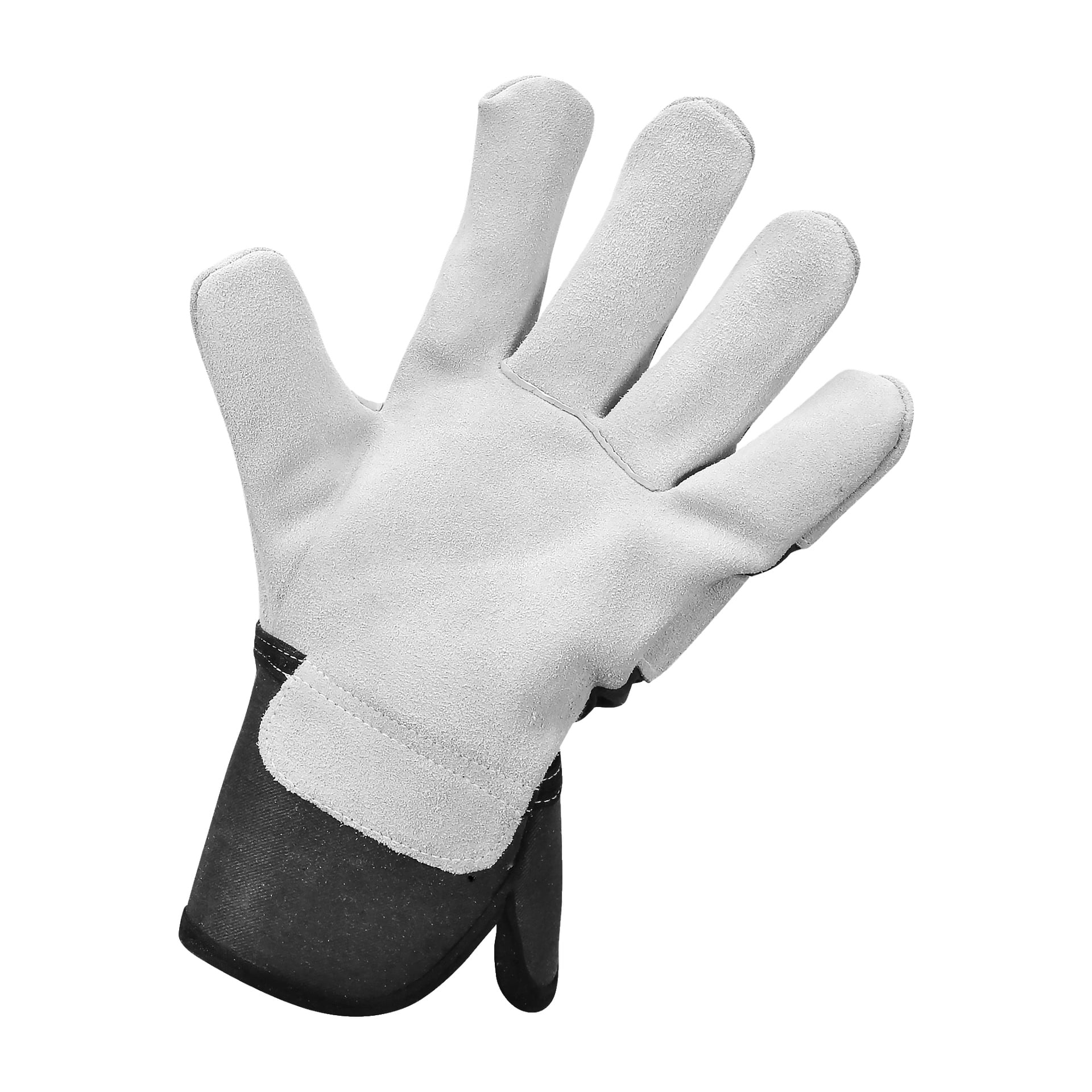 Ein grauer Bluewear Work-Handschuh mit schwarzem Manschetten, Handfläche nach oben gezeigt.