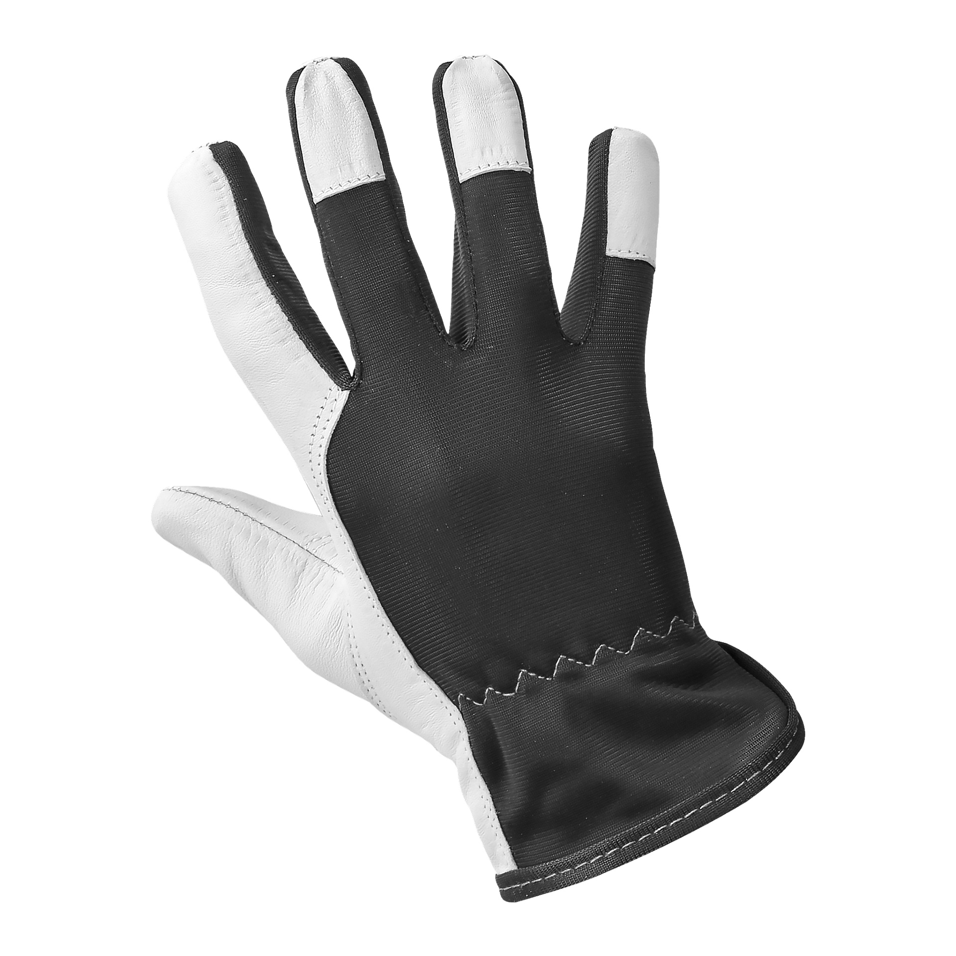 Bluewear Assembly-handskar i svart och vitt visas med handflatan uppåt med fingrarna isär, vilket framhäver kombinationen av tyg och lädermaterial.