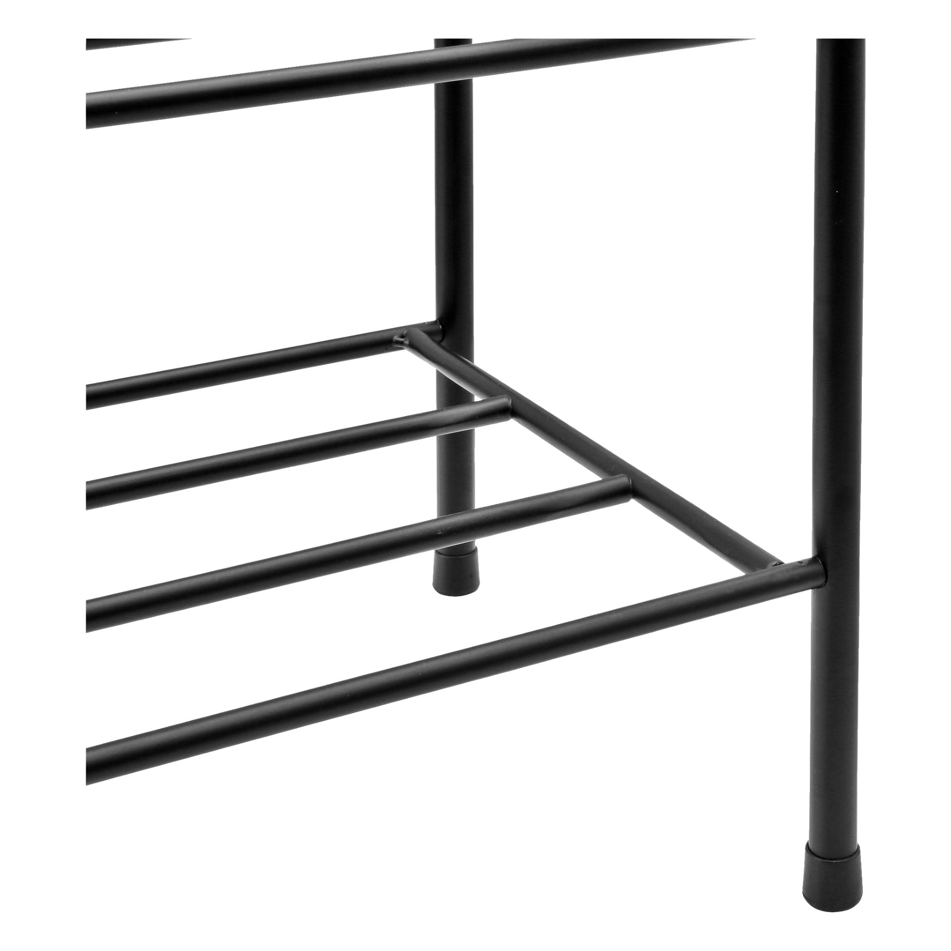 Detaljert bilde av den nederste delen av en svart metallramme med fire ben og horisontale stenger, tilhørende EKVIP skohylle.