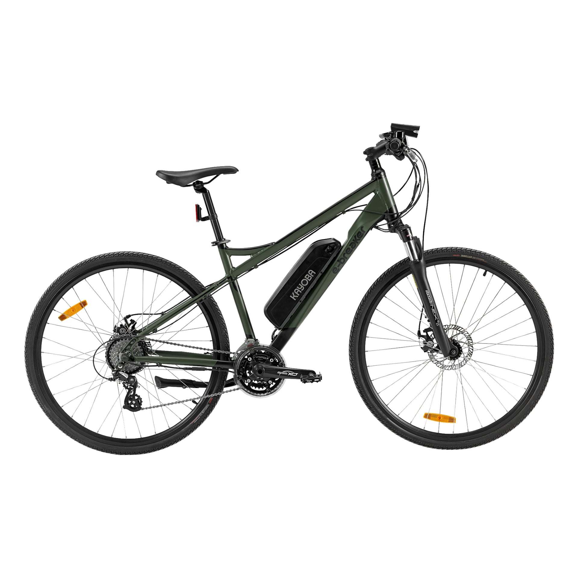Kayoba Electric -pyörä e-Breaker 2.0 on vihreä hybridisähköpyörä, jossa runkoon on integroitu akku, etujousituksella, levyjarruilla ja heijastavilla pinnoilla molemmissa pyörissä.