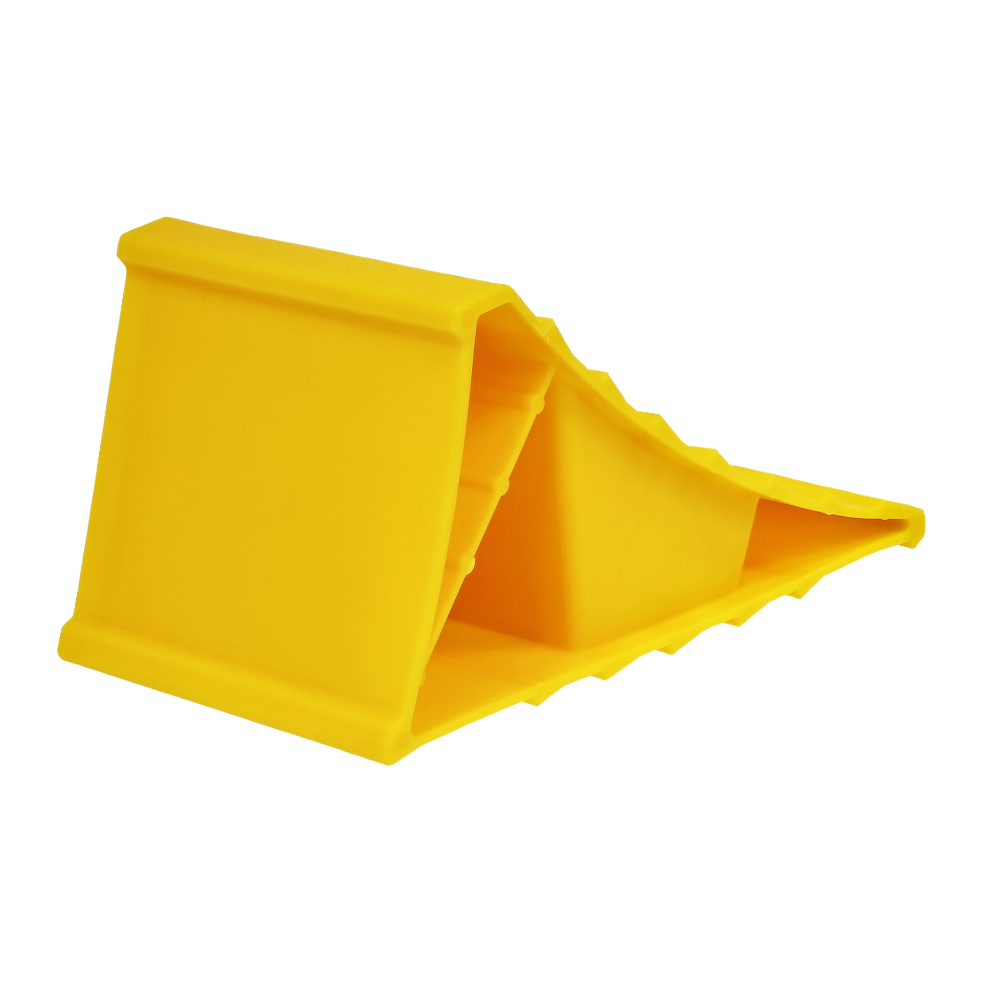 Klargula Hamron-hjulklossar, tillverkade av robust plast, har en kilformad form med en texturerad yta för att hålla parkerade fordon säkert på plats.