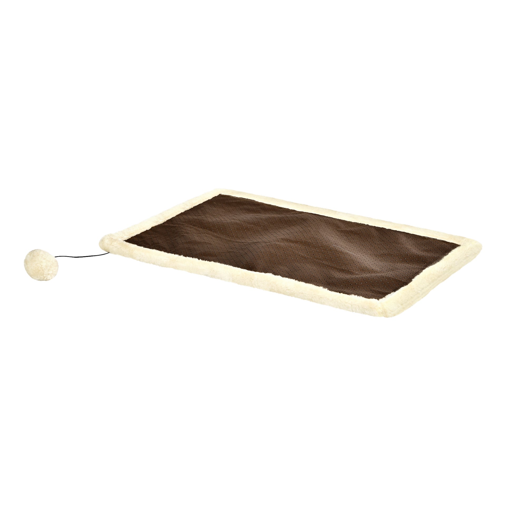 En rektangulær Kayoba skrapeblokk i brunt og beige med en myk, fluffy kant, og en liten koseball som hang i et hjørne på en snor.