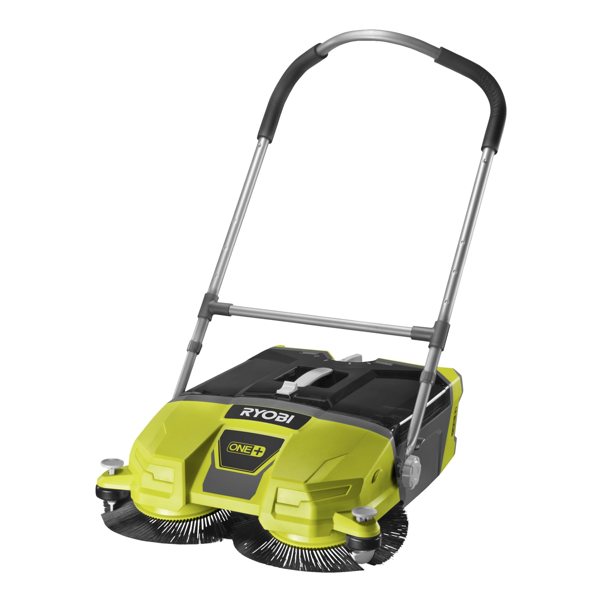 En Ryobi One+ Sweepers R18SW3-0 push-sweeper i gult og svart, med to fremtredende runde børster foran, en rektangulær hovedkropp og et metallstyre med svarte grep, beregnet for rengjøring av utendørsområder.