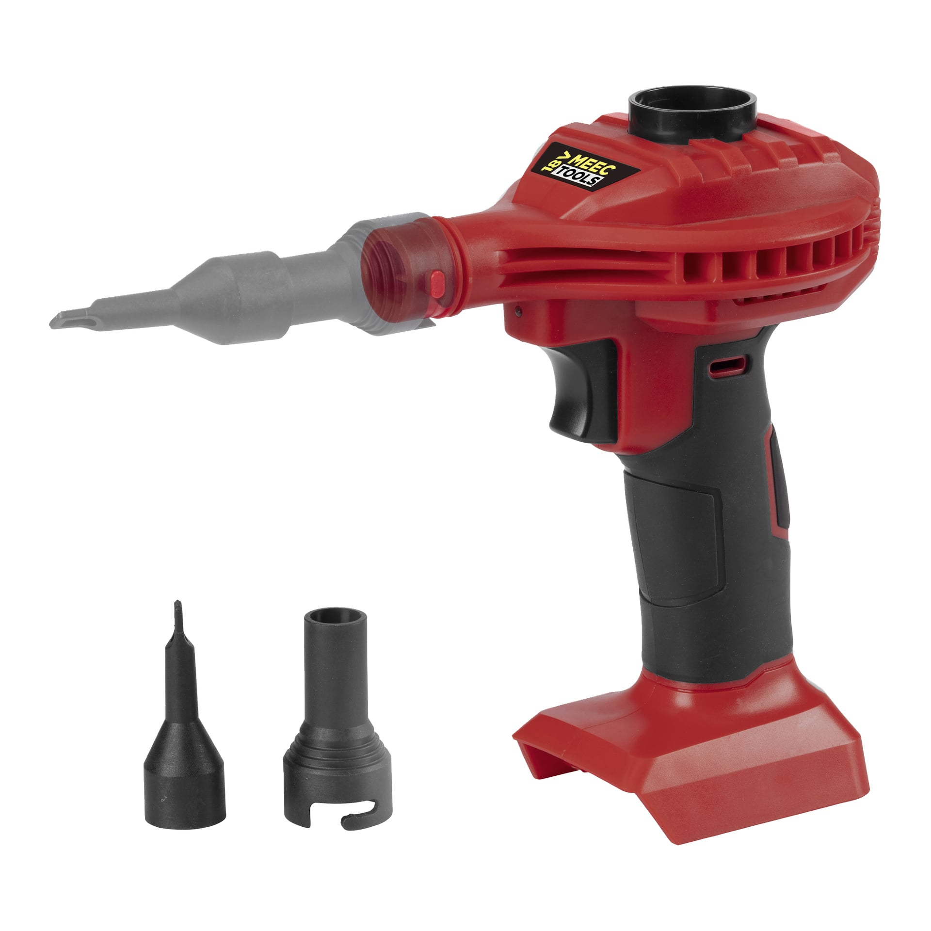 W ręku trzymana jest czerwono-pompa powietrzna Meec Tools Multiseries AP-18V HOME 300, obok której umieszczone są trzy mocowania do dysz.
