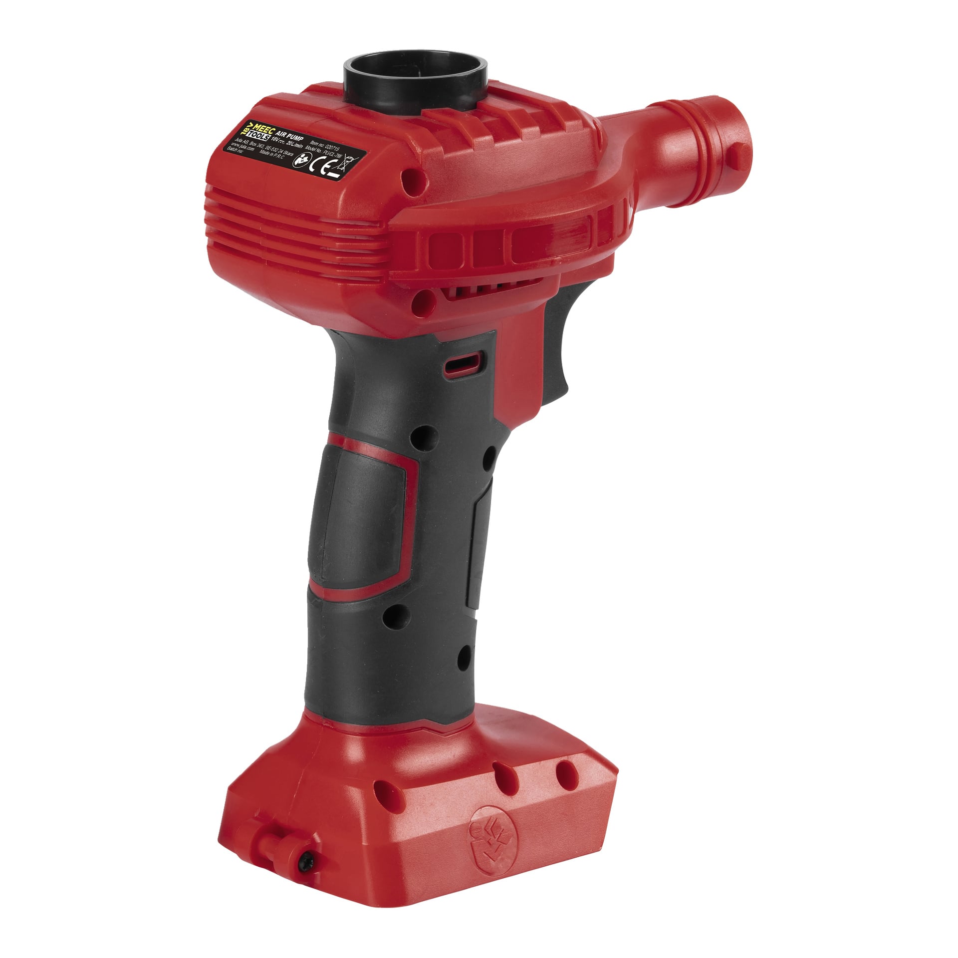 Bezprzewodowa pompa powietrzna z Meec Tools Multiseries, model AP-18V HOME 300, w czerwieni i czerni, z rękojeścią w stylu pistoletowym, cylindrycznym otworem na górze i wentylowanymi bokami. Bateria nie jest podłączona.