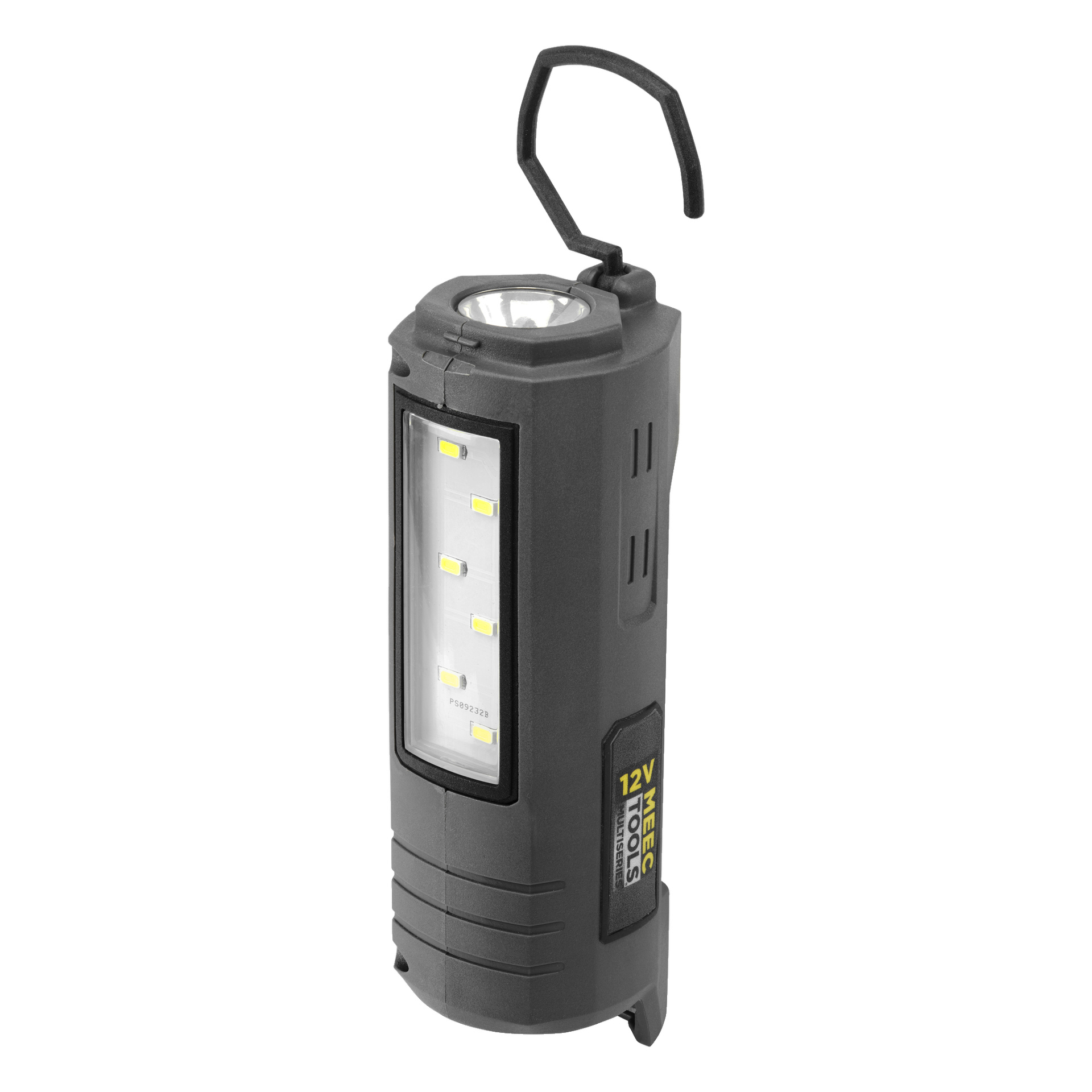 Musta kannettava työlamppu, jossa on yläkoukku, sivussa LED-paneeli ja etutaskulampun linssi, jossa lukee "Meec Tools Multiseries 12 V.".