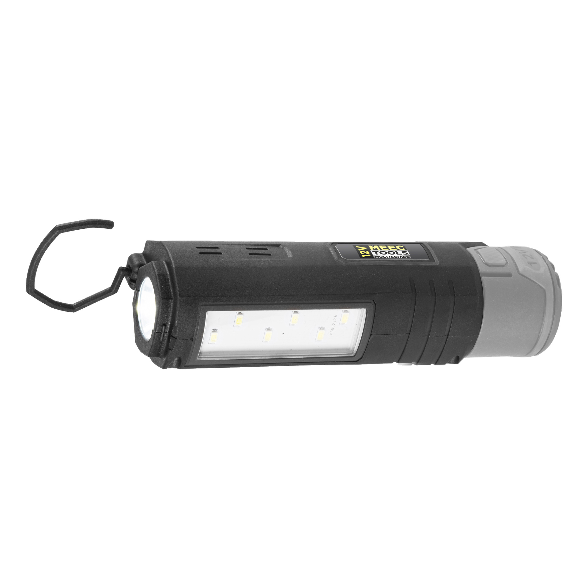Musta käsikäyttöinen työlamppu, jossa on harmaa kärki, ja siinä on rivi viisi LED-valoa sivuilla sekä sisäänrakennettu riippukoukku. Etiketissä lukee Meec Tools Multiseries 12 V.
