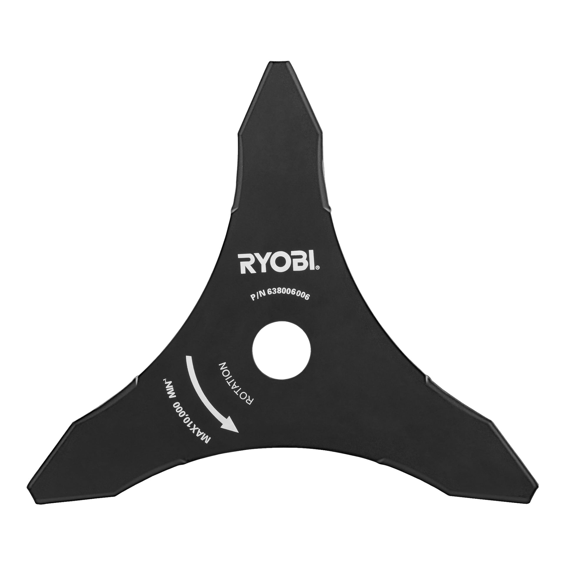 En svart, tretaggad Ryobi Max Power Clearing Blade RAC117 med ett centralt hål, markerat med RYOBI och MAX 10 000 RPM, som visar en riktad pil och artikelnumret P/N 638006006.