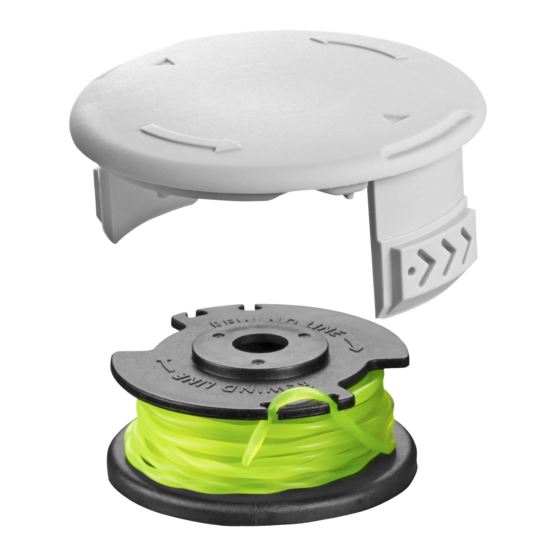 En vit plastlock och en svart spole lindad med en ljusgrön trimmerlinje, märkt "WINDING LINE." På programmet visas Ryobi Max Power Trimmer Spool RAC142, tillverkad för att förvara trimmerlinjen för grästrimmare och annan trädgårdsutrustning.