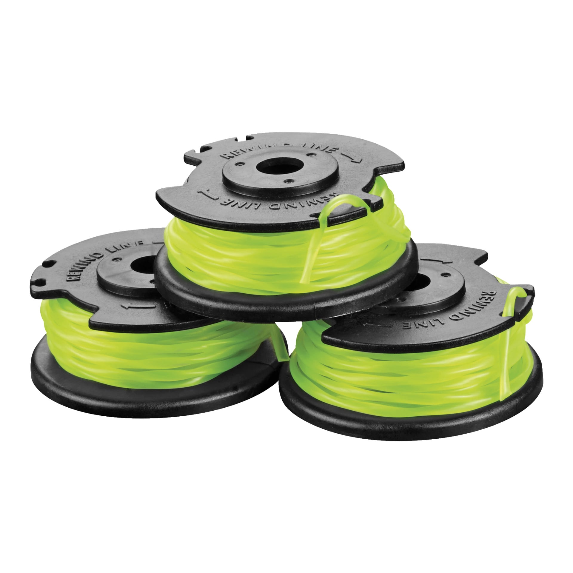En bunt med tre svarta Ryobi Max Power Trimmer-spolar RAC143, var och en prydligt inlindad med en ljusgulgrön trimmerlinje. Spolarna visar texten "REWIND LINE", och linjen är jämnt lindad på varje spole.