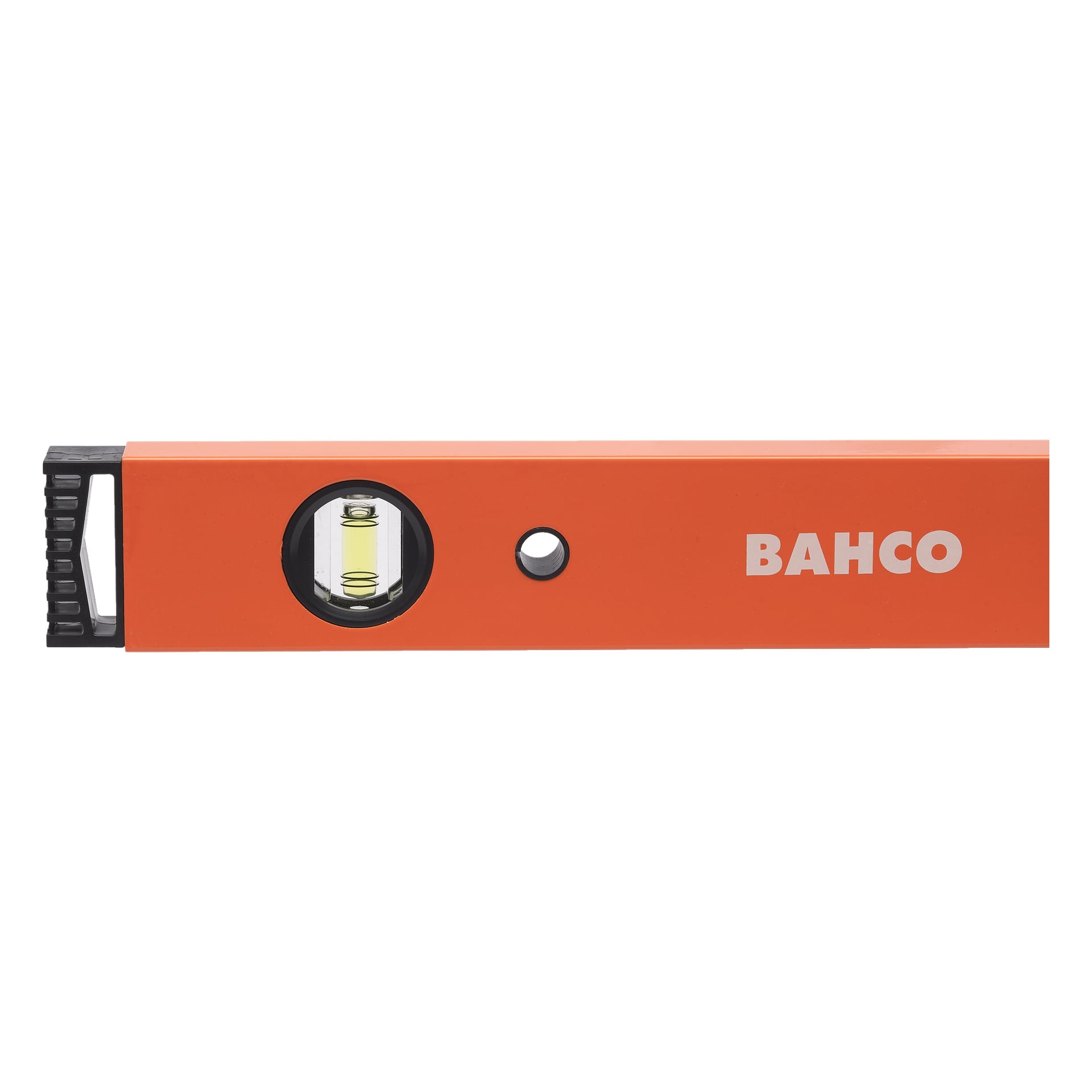 Närbild av ett tvådelat orange Bahco Spirit-nivåset, med bubbelflaskan och en rund utskärning. Bahcos logotyp finns på verktygets högra sida.