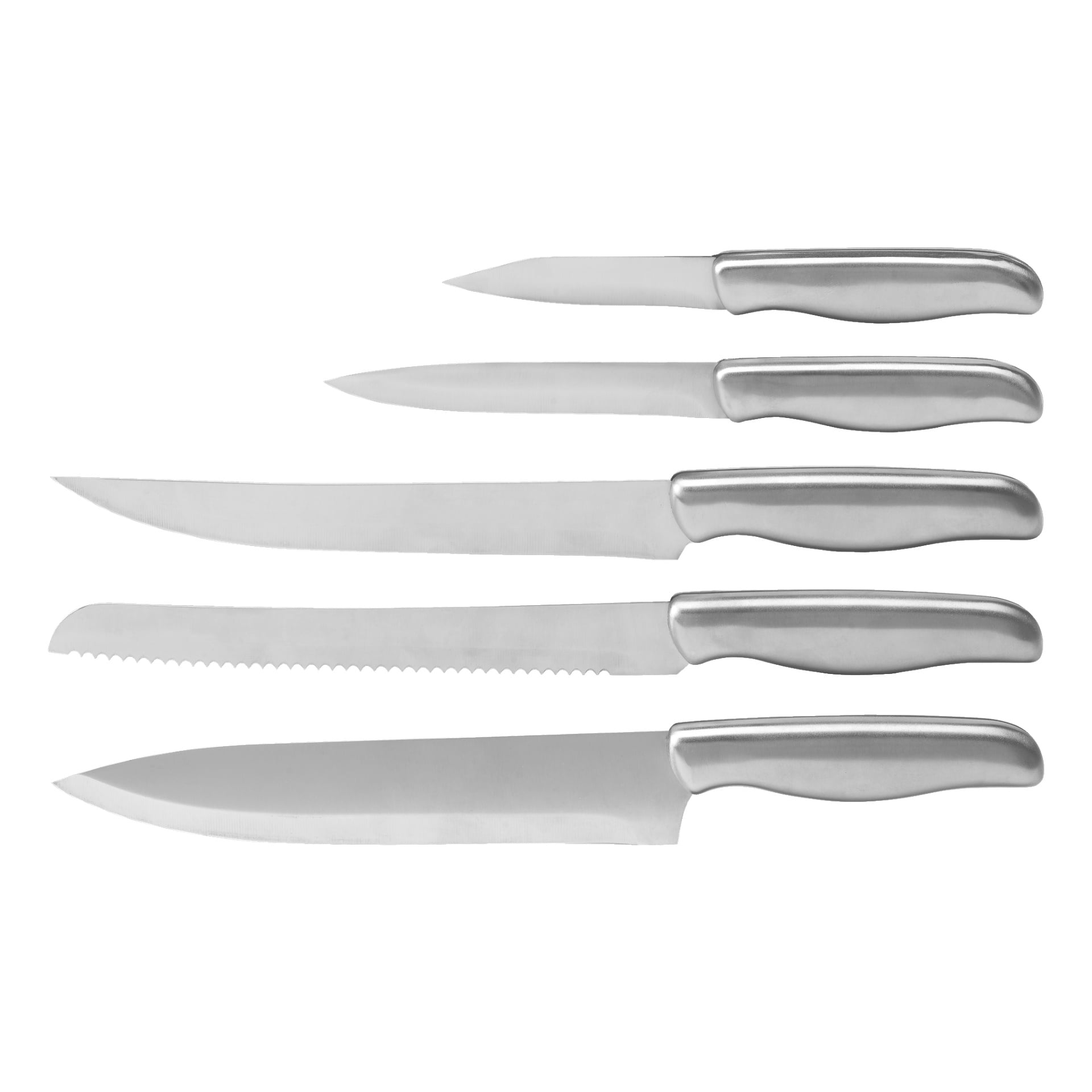 Fem köksknivar i rostfritt stål från Menuett Knives + knivblock i fem delar är uppradade sida vid sida. Sortimentet består av olika bladtyper och storlekar, inklusive en tandad brödkniv och flera raka knivar.