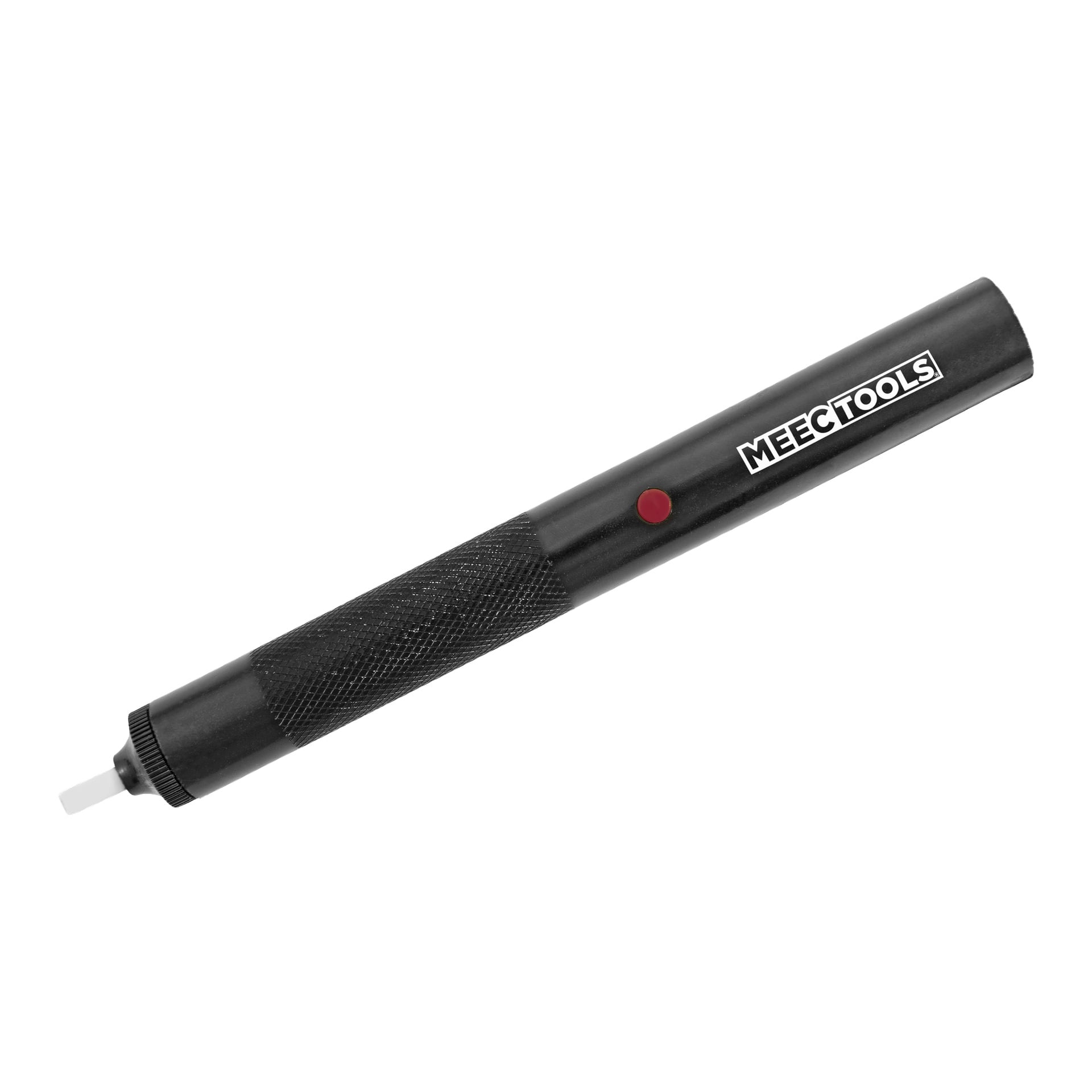 En Meec Tools lödsnuggare med svart handhållen kropp, texturerat grepp, röd knapp och vit spets är placerad diagonalt.