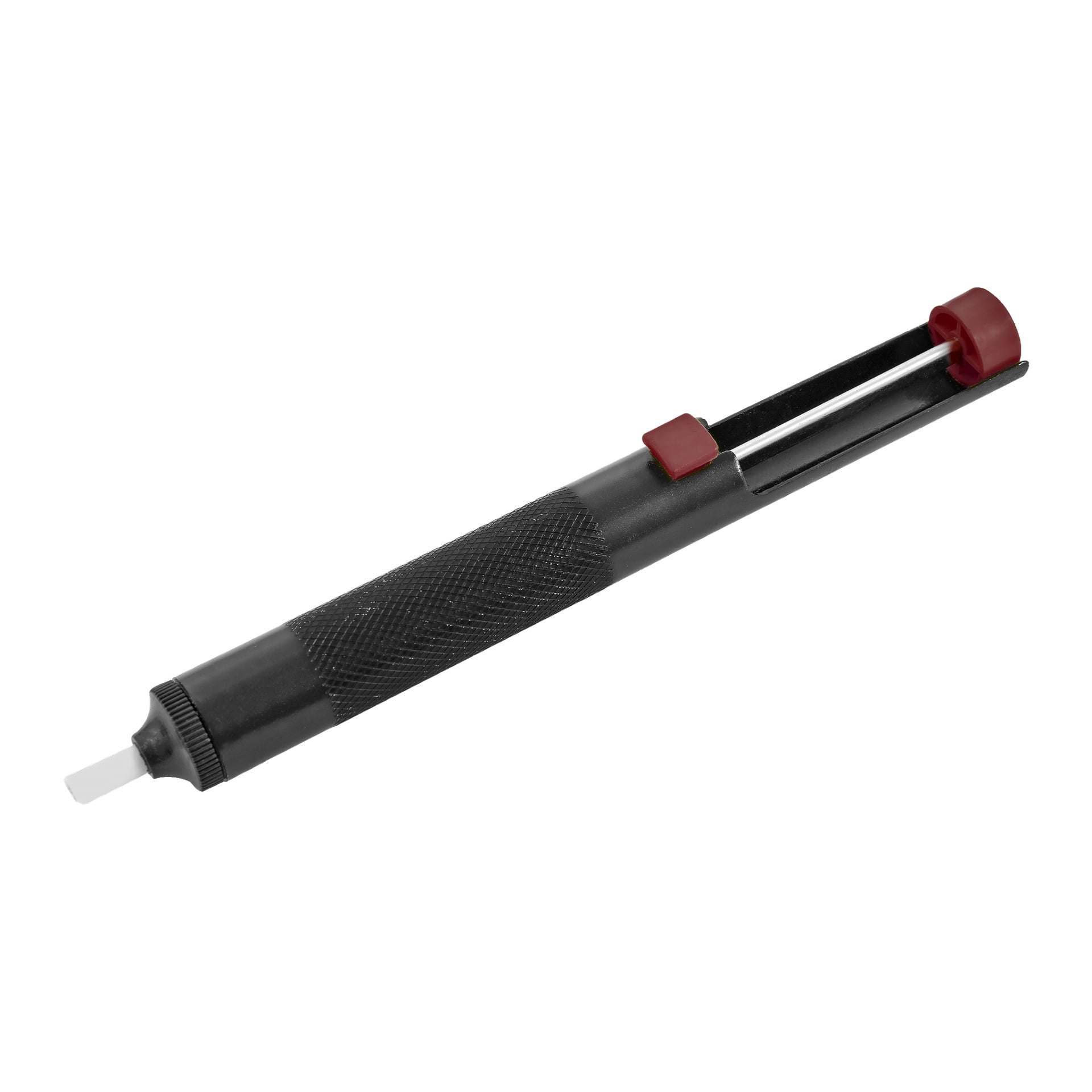 En detaljerad vy av en Meec Tools lödskopp visar dess svarta och röda färgschema, ergonomiska texturerade grepp och fjäderbelastade plunger, designad för att utvinna lödtenn från elektronik.