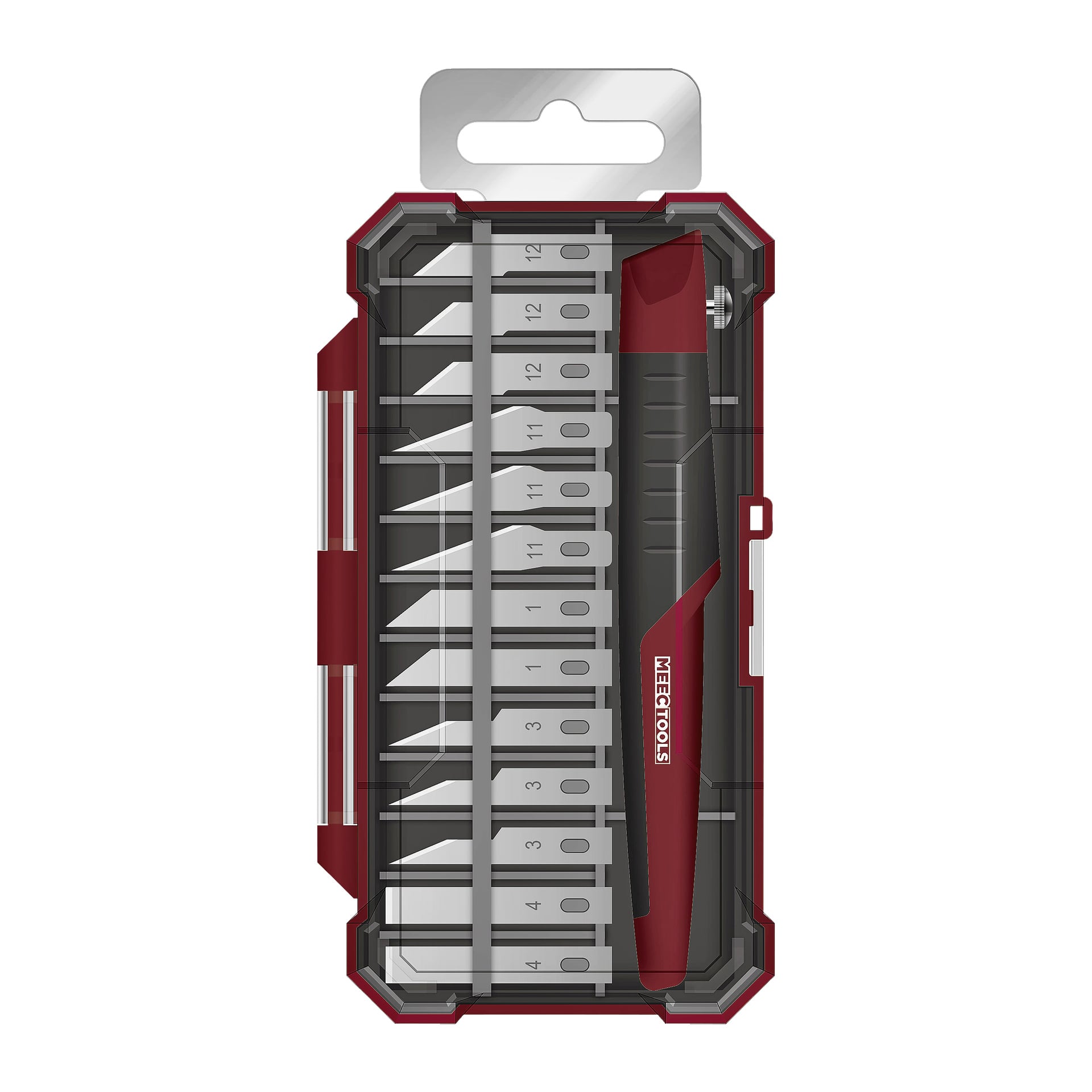 Ett plastfodral med genomskinligt lock och hängflik innehåller Meec Tools Model Knife Set, med ett rött och svart handtag samt 13 olika precisionsblad prydligt ordnade efter storlek.