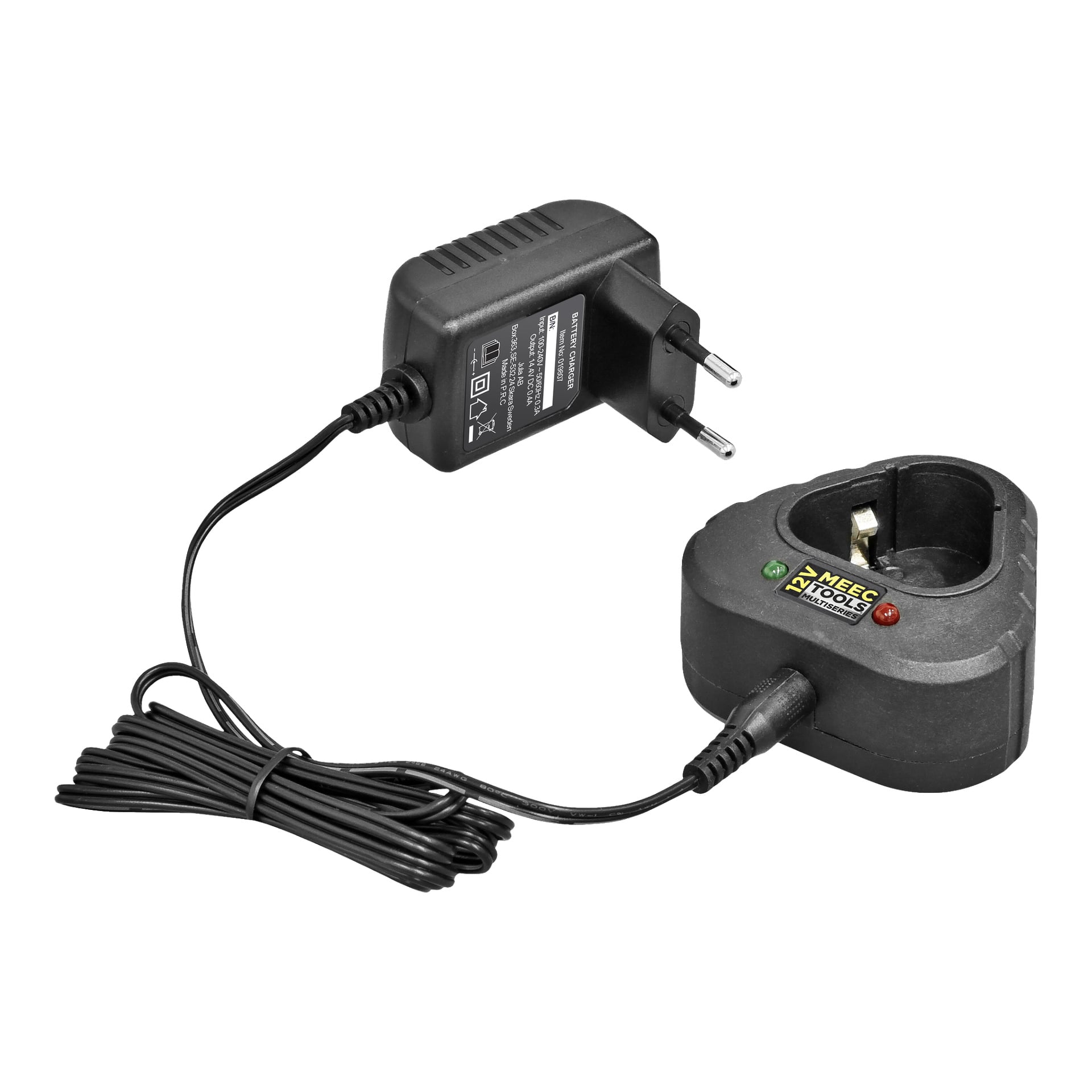 En Meec Tools Multiseries 12 V-lader med indikatorlys er koblet med kabel til en svart strømadapter.