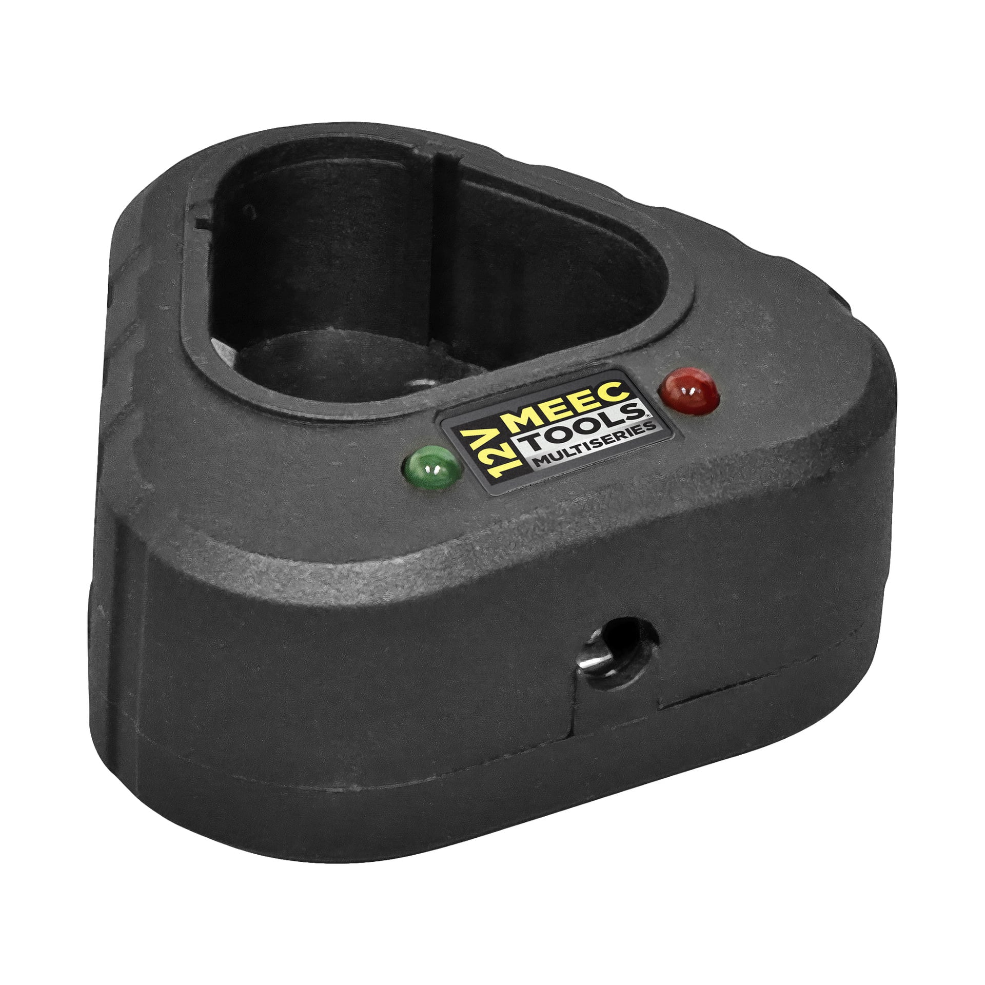 En svart Meec Tools Multiseries 12 V Charger med trekantet form, med røde og grønne indikatorlys på toppen og en sentral spor designet for å sette inn batteri. Det finnes også en liten rund havn på siden.