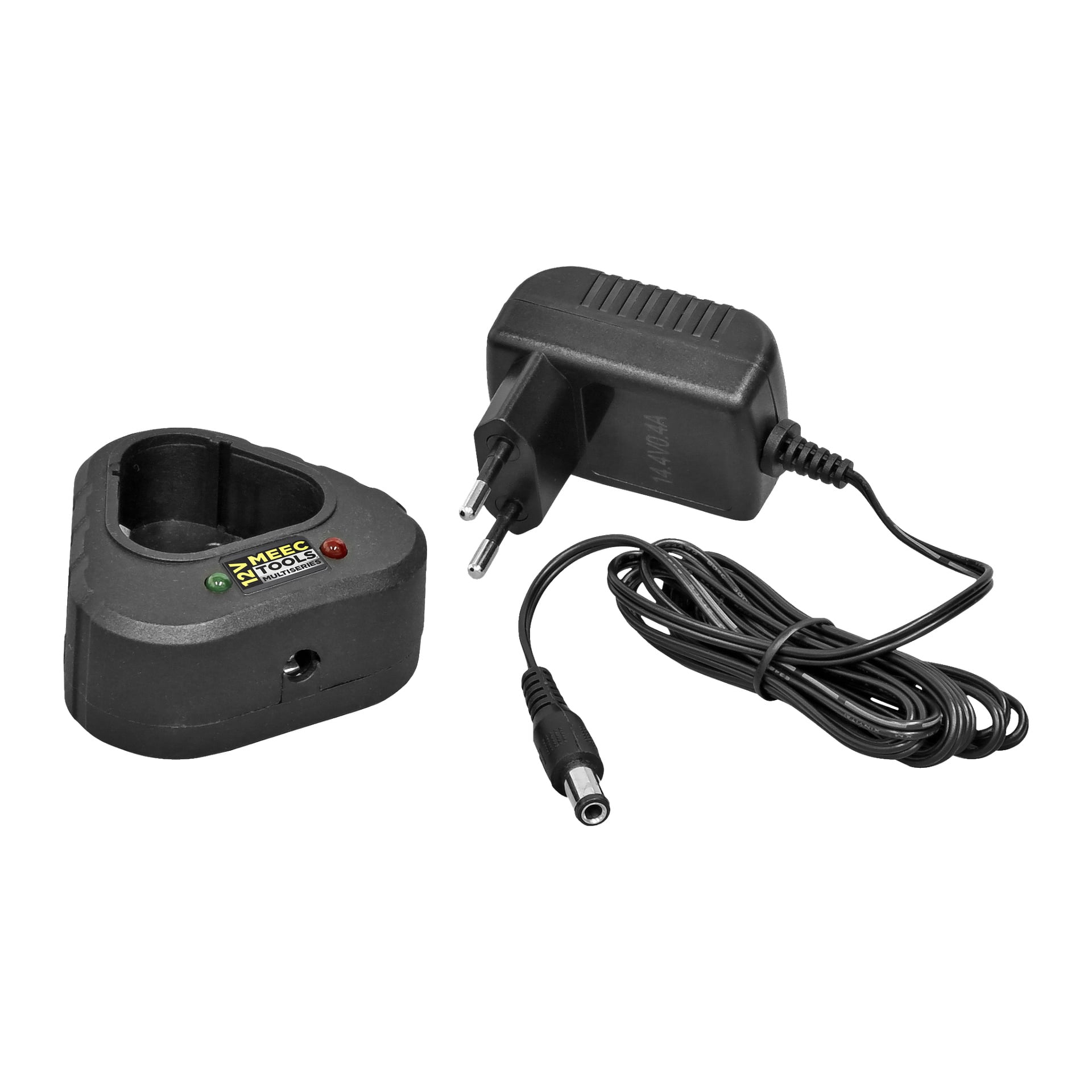 En svart Meec Tools Multiseries 12 V-lader vises sammen med en strømadapter med europeisk plugg og lang ledning.