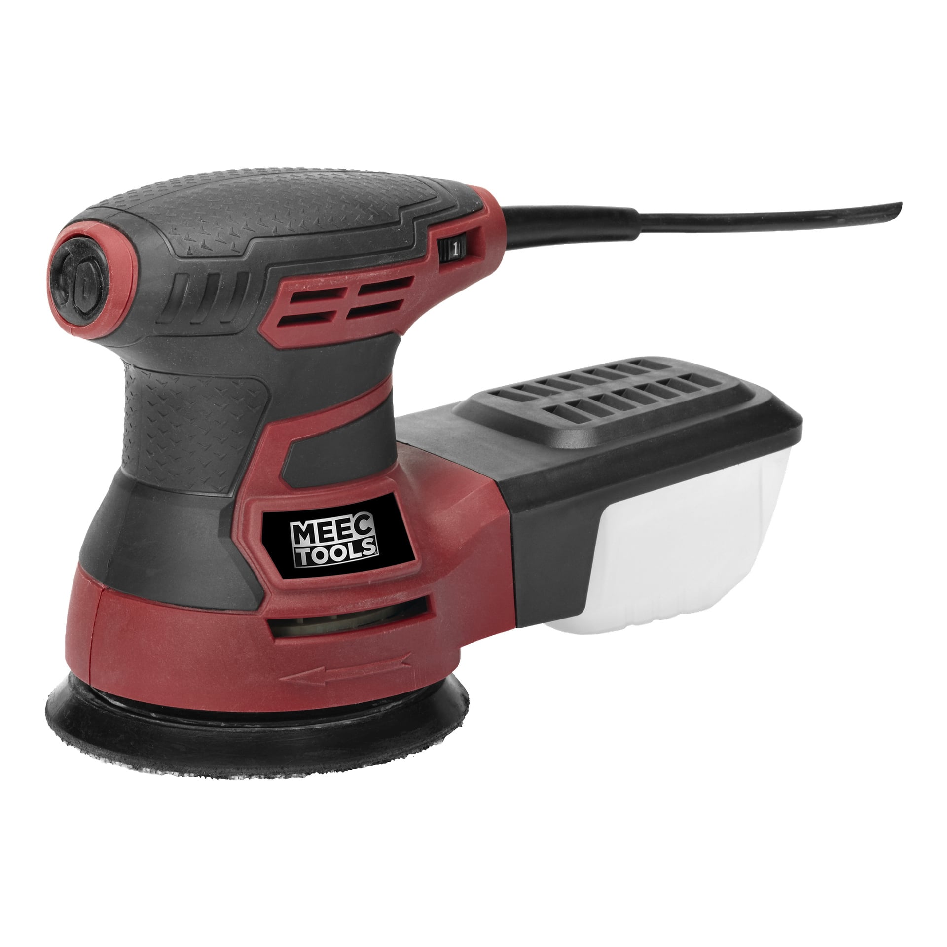 Czerwono-szlifierka Meec Tools Eccentric OS-W HOME 300 z pudełkiem na odkurzanie.
