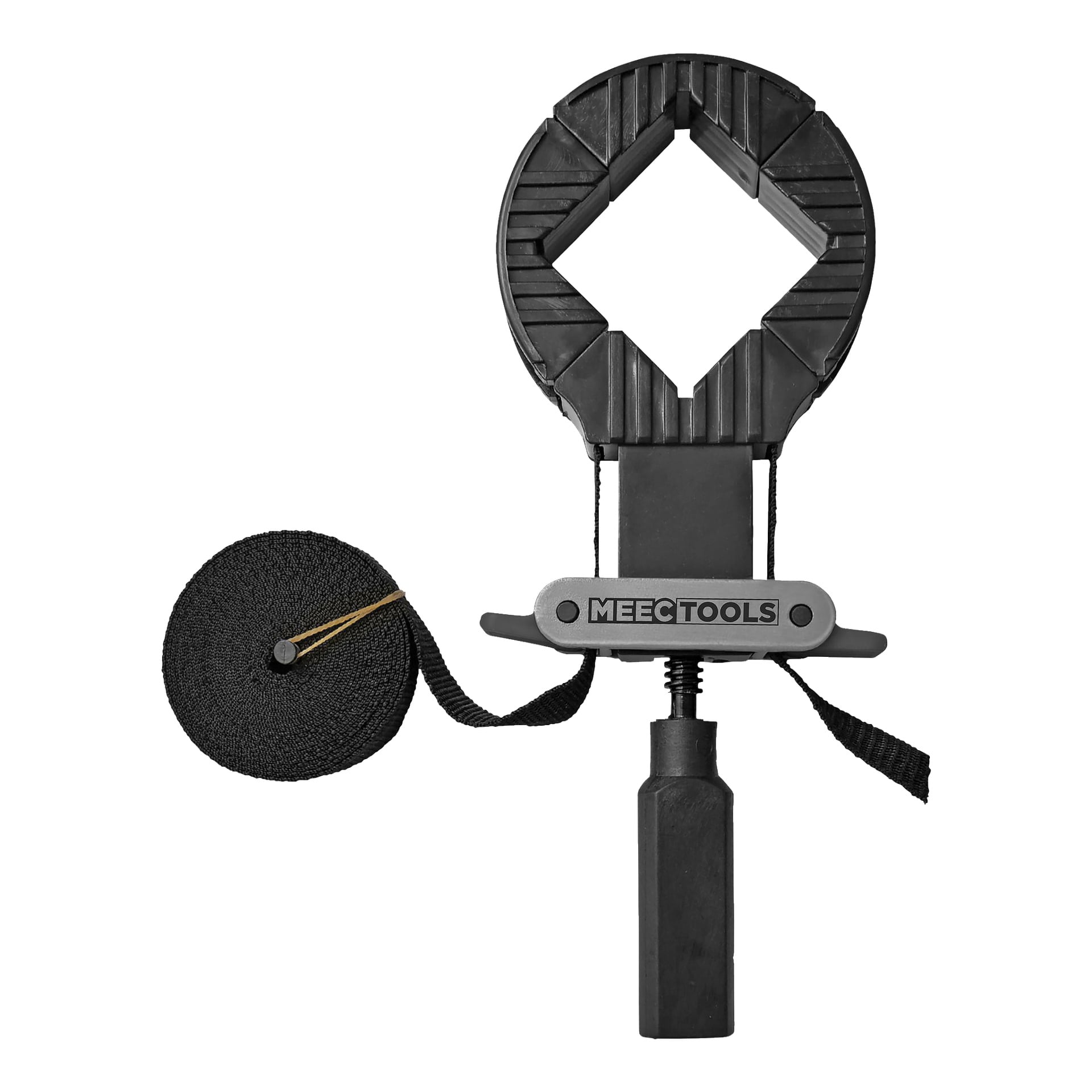 En svart och grå ramklämma från Meec Tools med ett brett svart band, som används för att hålla material stadigt i rät vinkel för montering eller limning.