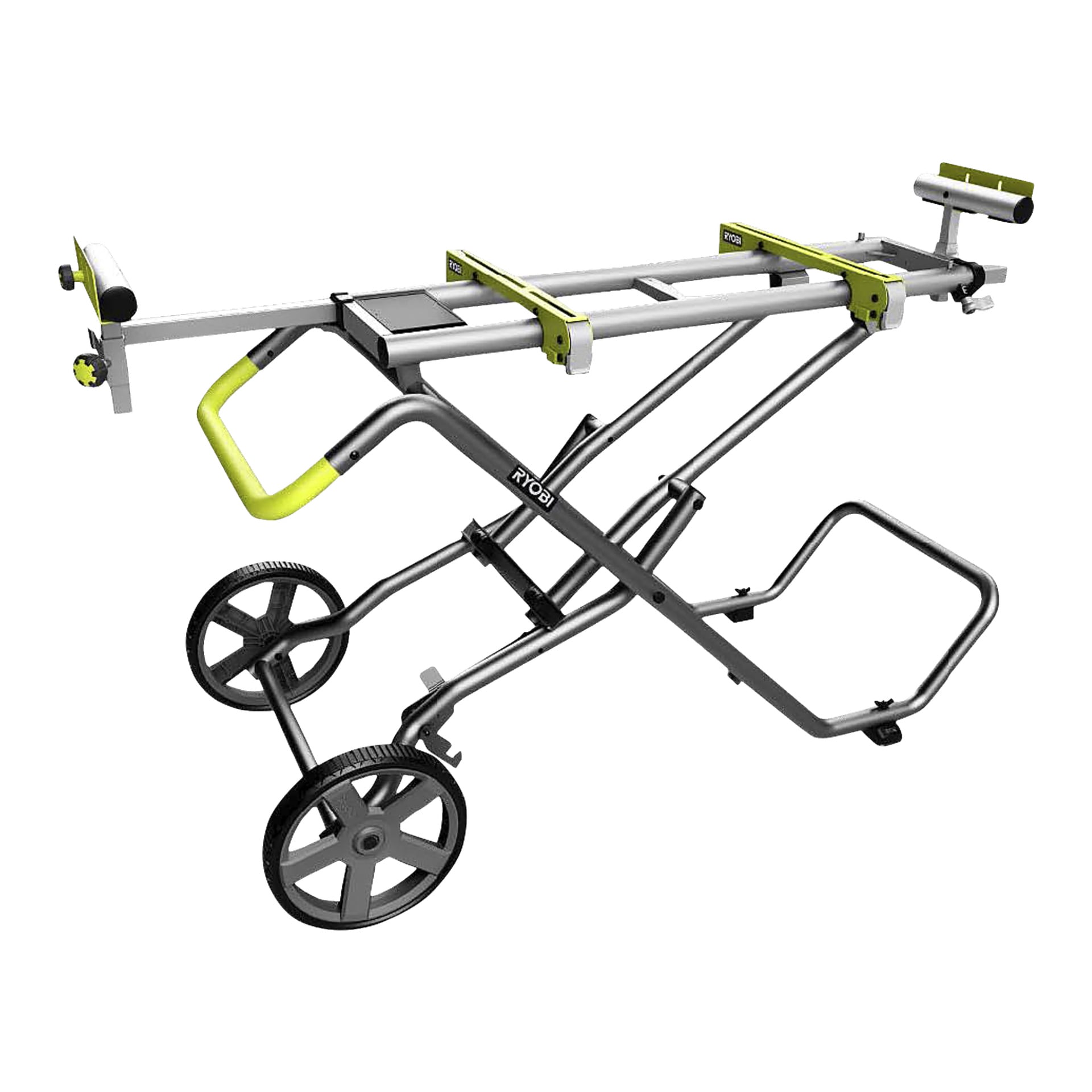 Stojak Ryobi Saw ma solidną metalową ramę, dwa duże koła dla mobilności, składane nogi, regulowane uchwyty oraz jaskrawo żółte akcenty. Została zaprojektowana tak, by zapewnić stabilne wsparcie i łatwy ruch piły ukośnej podczas prac stolarskich.