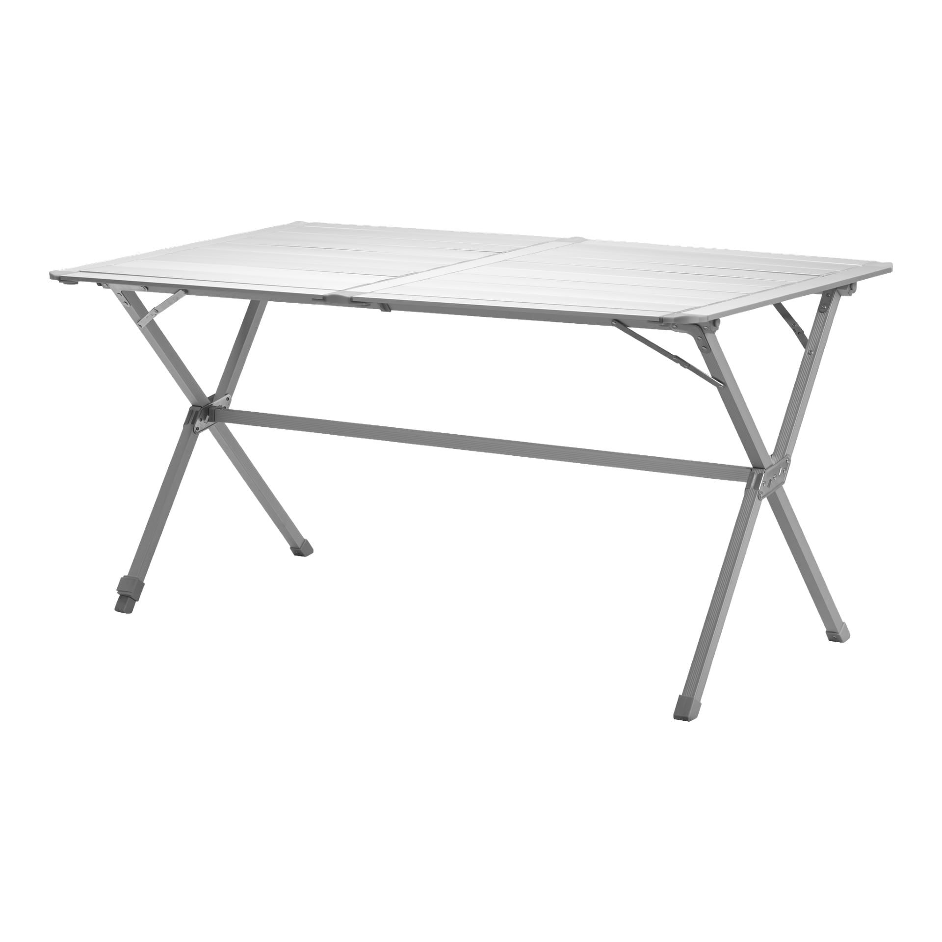 Ett Kayoba campingbord med en vit rektangulär yta med spjälm och silverfärgade metallben, utfällt i en lätt vinkel.