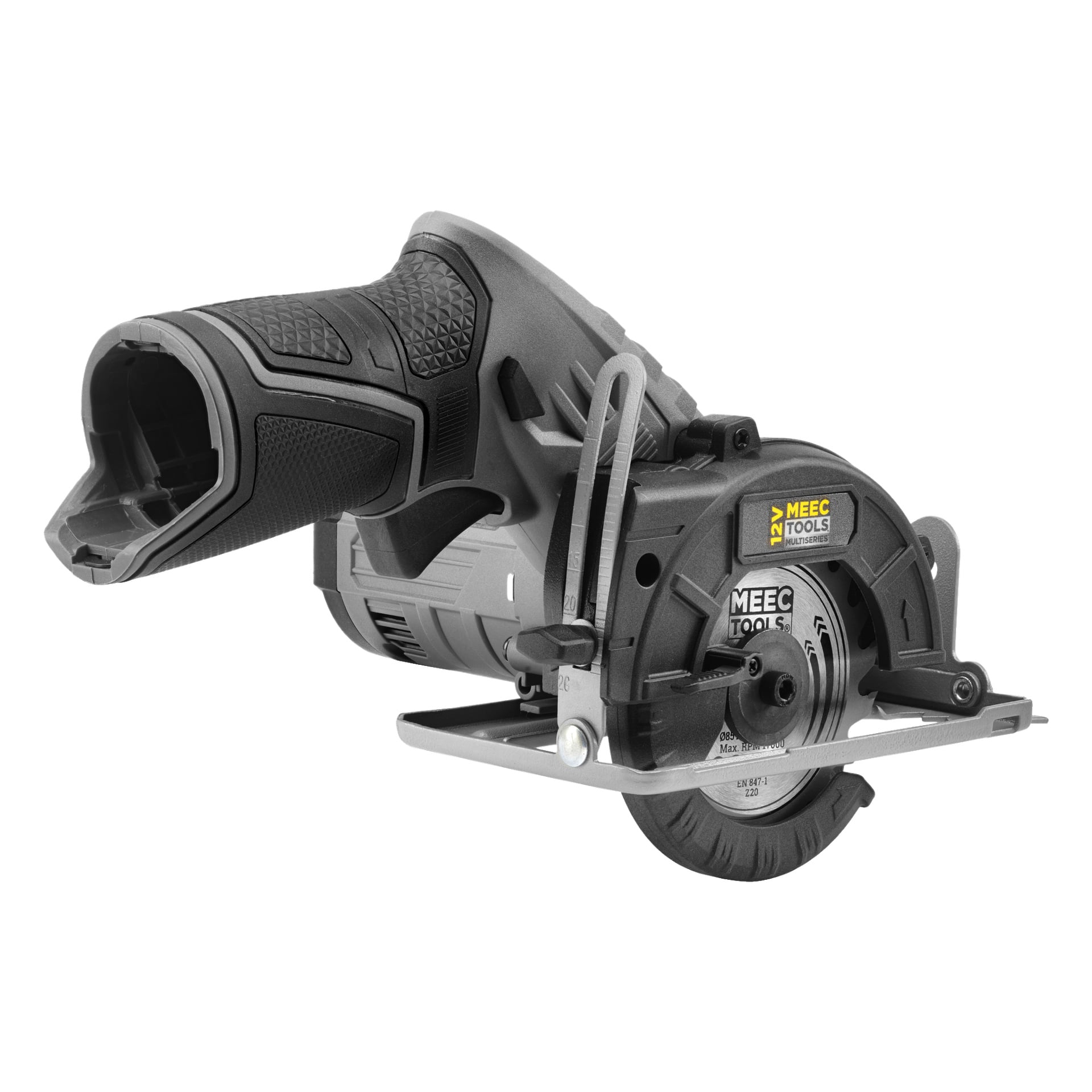 Zbliżenie na piłę tarczową Meec Tools Multiseries 12 V Compact, prezentującą jej czarno-szarą teksturowaną rękojeść, srebrną osłonę ostrza oraz odsłoniętą tarczę.