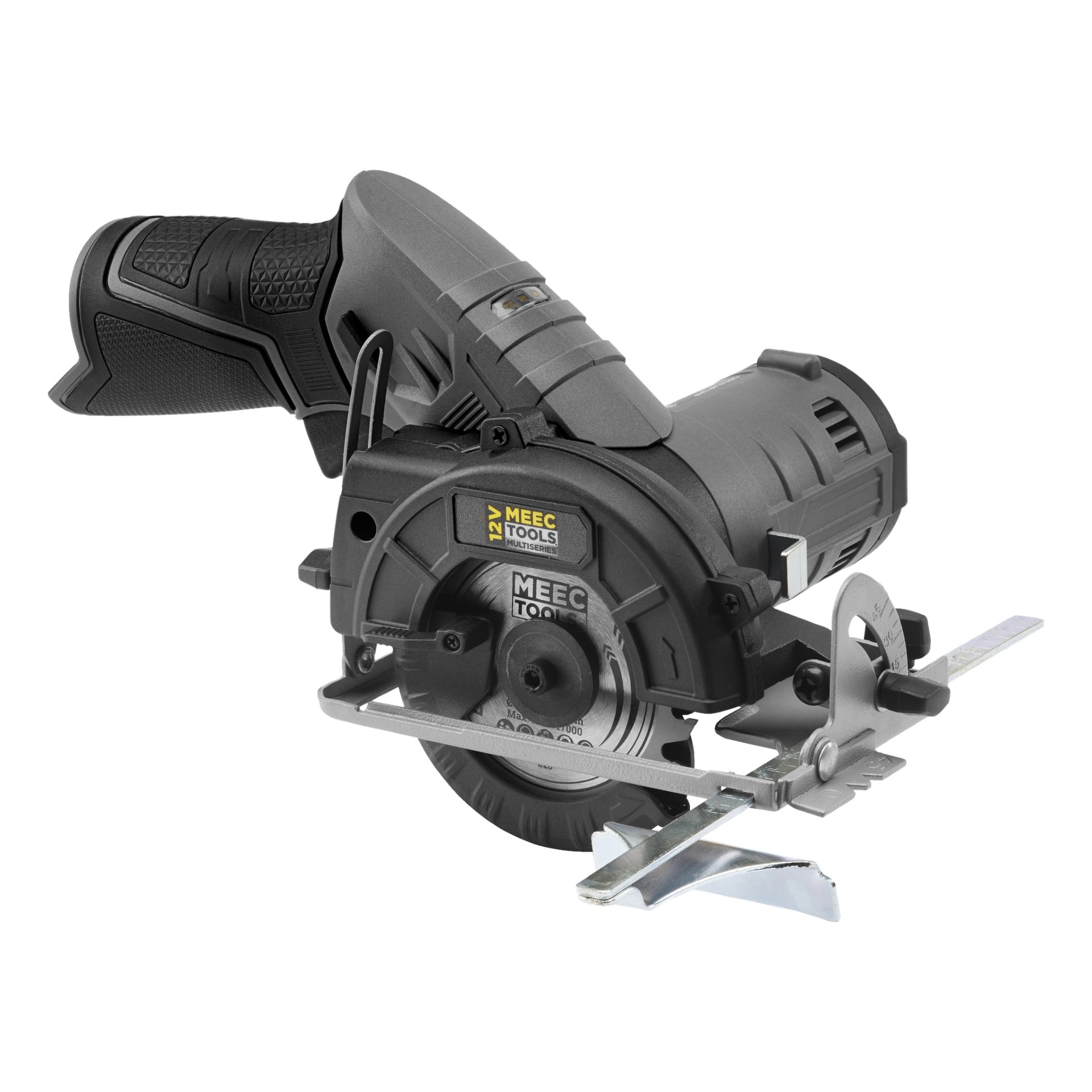 kompaktowa piła tarczowa Meec Tools Multiseries 12 V z ergonomiczną rękojeścią, osłoną ostrza i regulowaną prowadnicą.