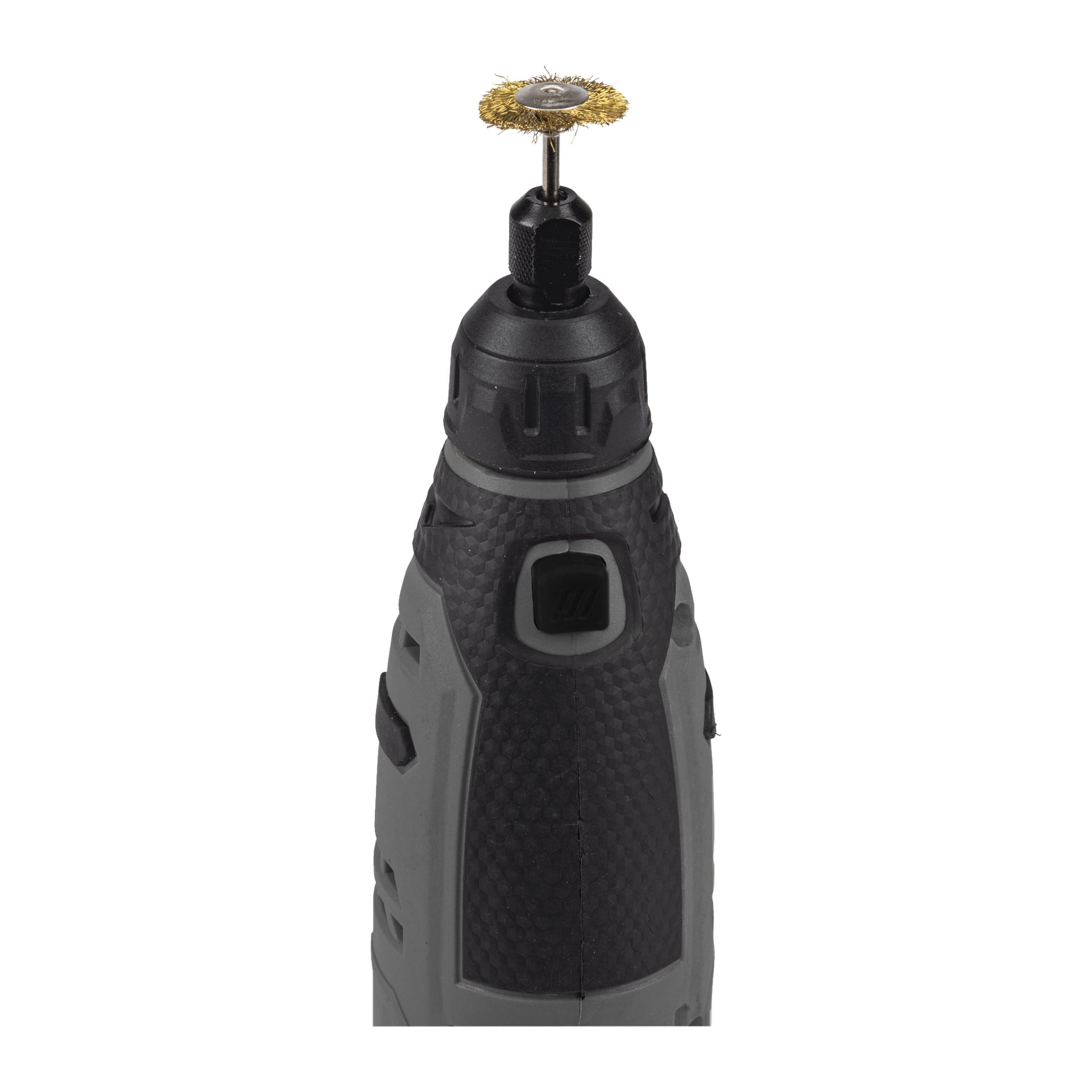Närbild av Meec Tools Multiseries 12 V Compact slip- och gravyrmaskin i svart och grått, med 51 delar och utrustad med en liten mässingstrådsborste.