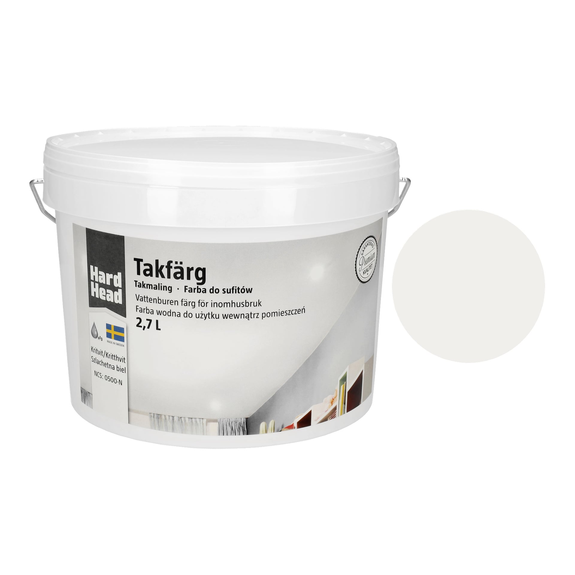 Valkoinen muovinen maaliämpäri, jossa lukee Hard Headin kattomaali, ja siinä lukee Hard Head Ceiling Paint for the roofs indoor. 10 litraa. Etiketissä on yksinkertainen kuva katosta ja valaisimesta, oikealla puolella vaaleanharmaa värinäyte.