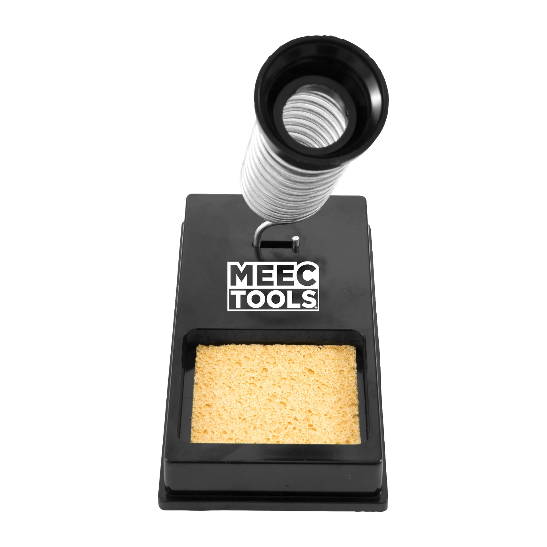 Ett lödpenneställ från Meec Tools med en spiralad metallhållare och en gul svamp vid basen, med "MEEC TOOLS" i vita bokstäver på framsidan.