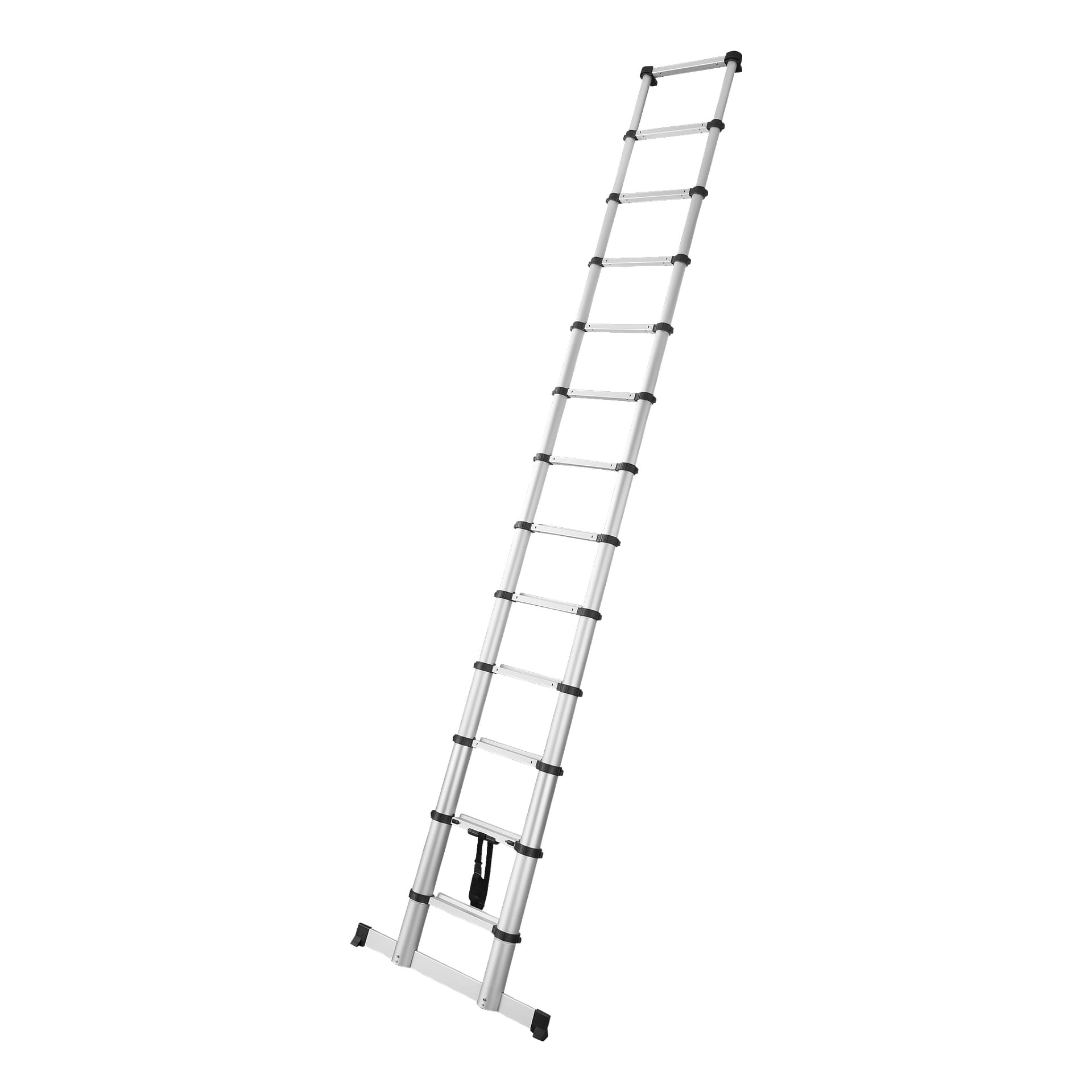 En silverfärgad Facas teleskopstege med svarta leder och fötter står helt utsträckt i vinkel, med flera steg och ett handtag placerat nära basen.