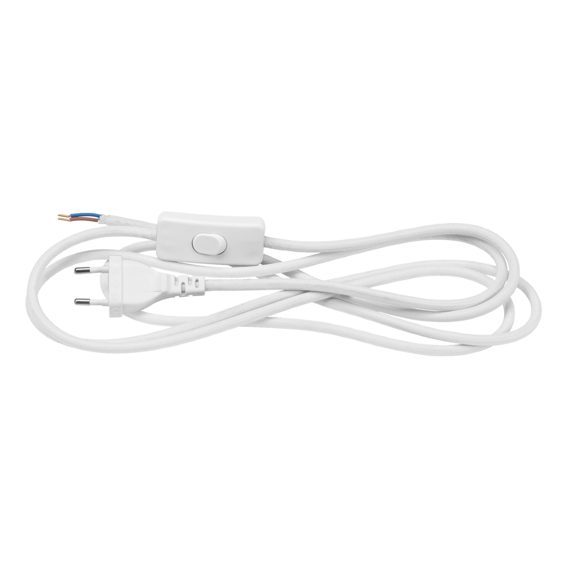 Ett Anslut Cord-set med en europeisk kontakt, en inline-switch och exponerade kablar i ena änden är lindad.