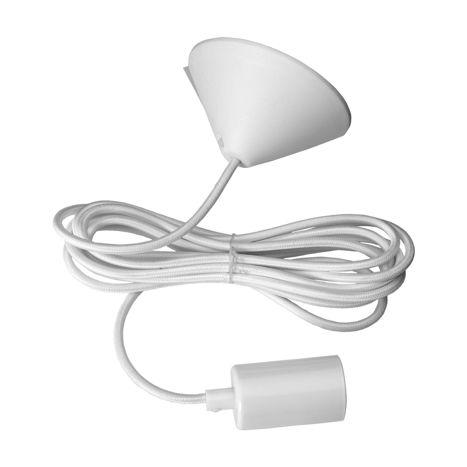 En vit plastgalg av Anslut-lampan med en lång spiralad sladd, avsedd för användning med lampor eller fläktar.