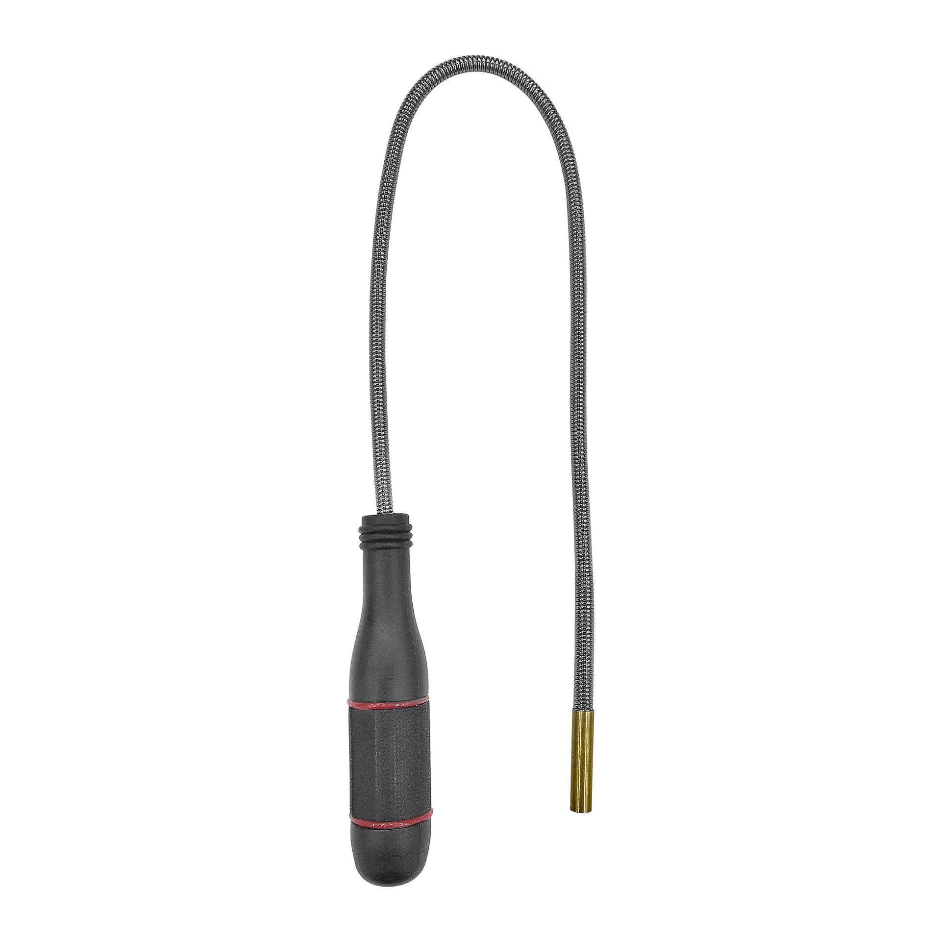 Meec Tools Magnetic Tool ma elastyczną konstrukcję z czarną rękojeścią, długim srebrnym gęsiim szyjkiem i mosiężną końcówką.