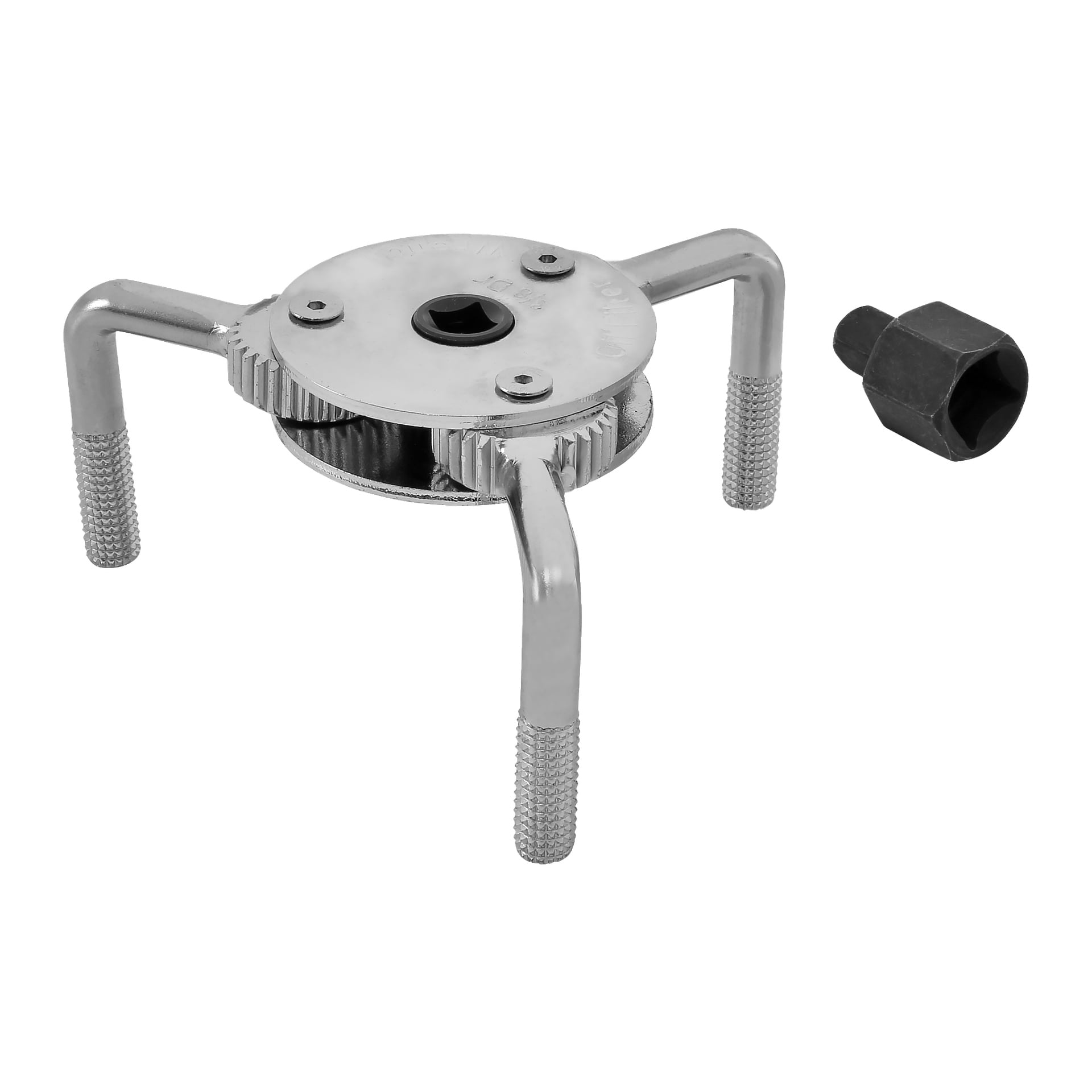 En Meec Tools oljefilterborttagare med tre justerbara metallben och ett roterande centrum, placerad bredvid en separat hexadapter.